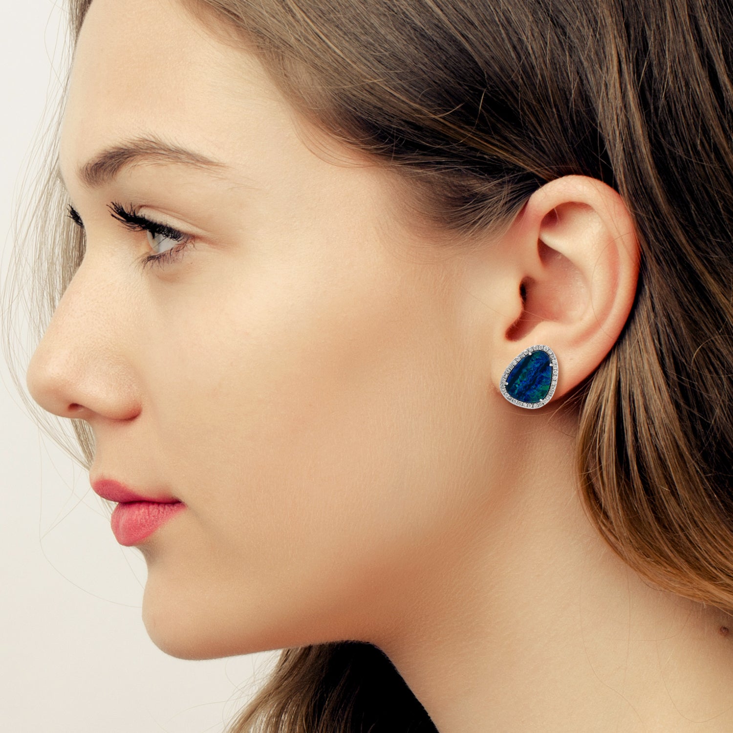 18K White Gold Opal Doublet Stud Earrings with Micro Pave Diamonds | Elegant Jewelry for Women, Perfect for Weddings, Parties & Gifts