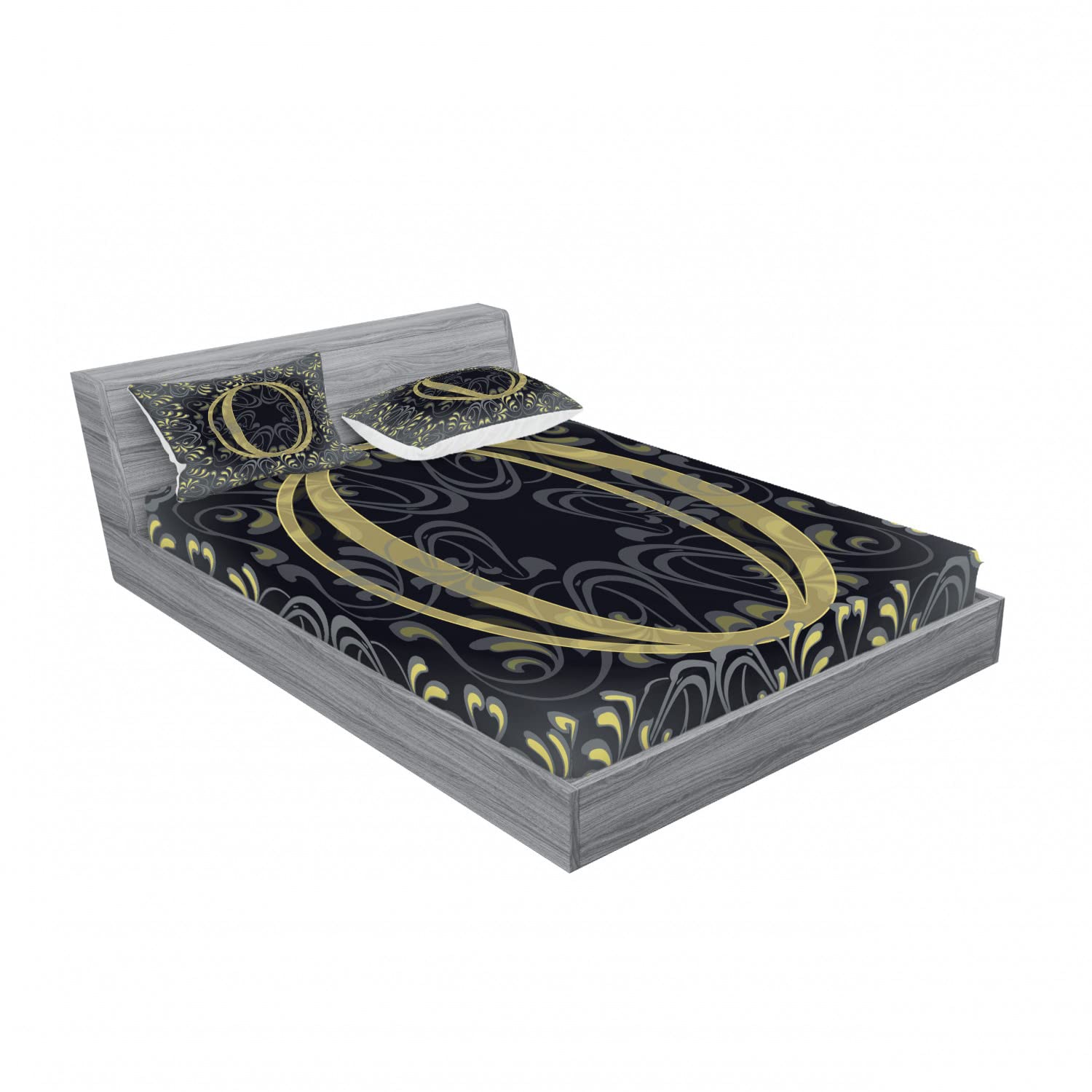 Ambesonne 4-Piece Full Size Bedding Set - 2 Fitted Sheets & 4 Pillow Shams, Victorian Damask Pattern in Dark Blue Grey Yellow, Luxury Bedroom Decor for Guest Rooms & Master Suites