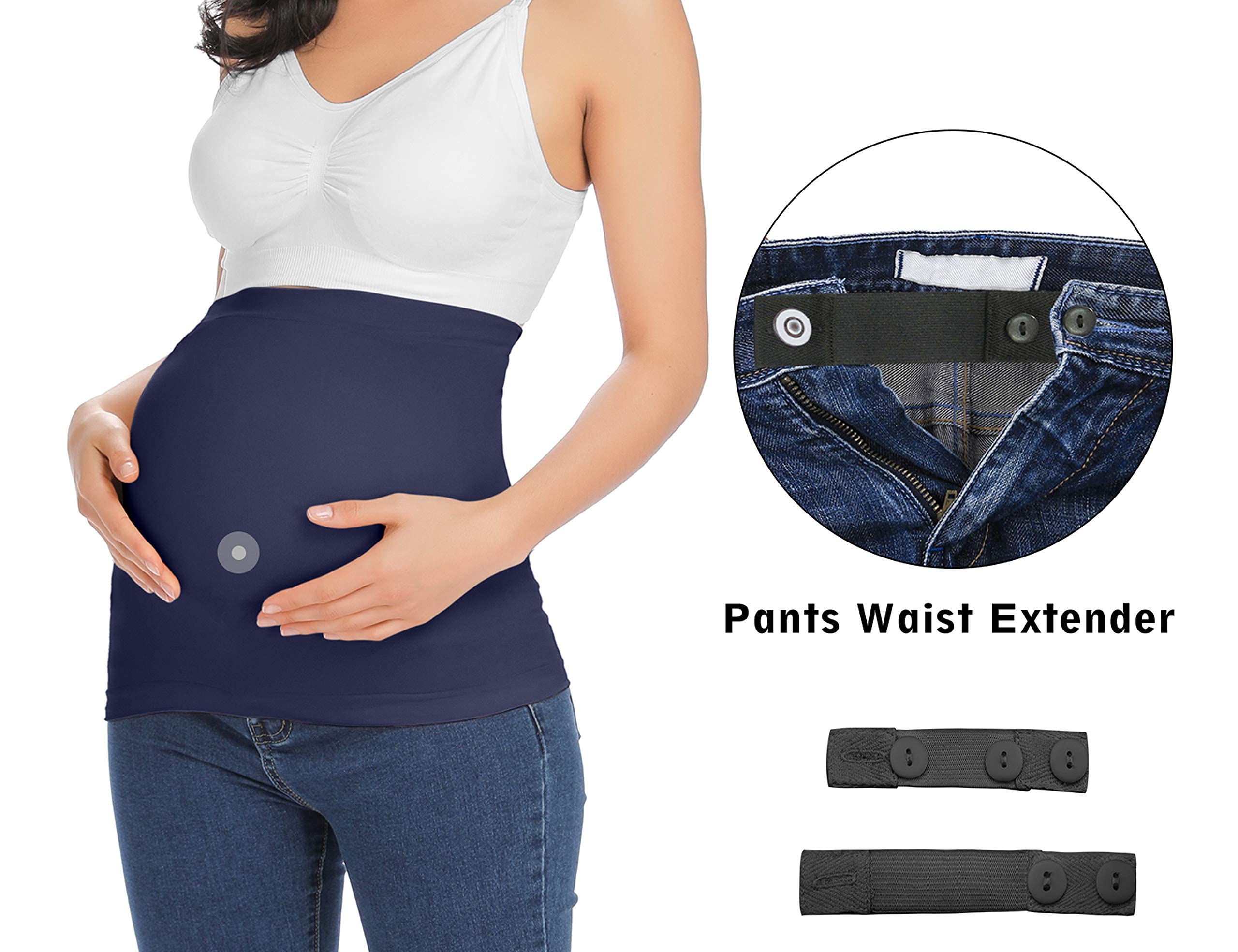 **Rheane Pregnancy Belly Support Band - Maternity Belly Band for Comfort & Back Pain Relief - Adjustable Waist Extender for Pants (Black & Navy, 3-Pack) - Ideal for Work, Exercise & Everyday Wear**