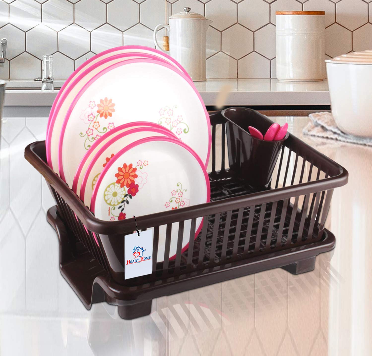 **Heart Home 3-in-1 Large Durable Plastic Kitchen Sink Dish Rack Drainer & Drying Rack with Tray – Organize Utensils, Cutlery & Dishes – Perfect for Small Kitchens, Dishwashing & Countertop Storage (Brown, HEART10737)**