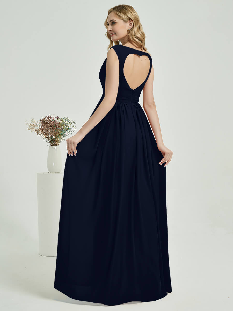 Elegant Dark Navy Sweetheart Backless Chiffon Floor Length Bridesmaid Dress for Weddings, Prom & Formal Events