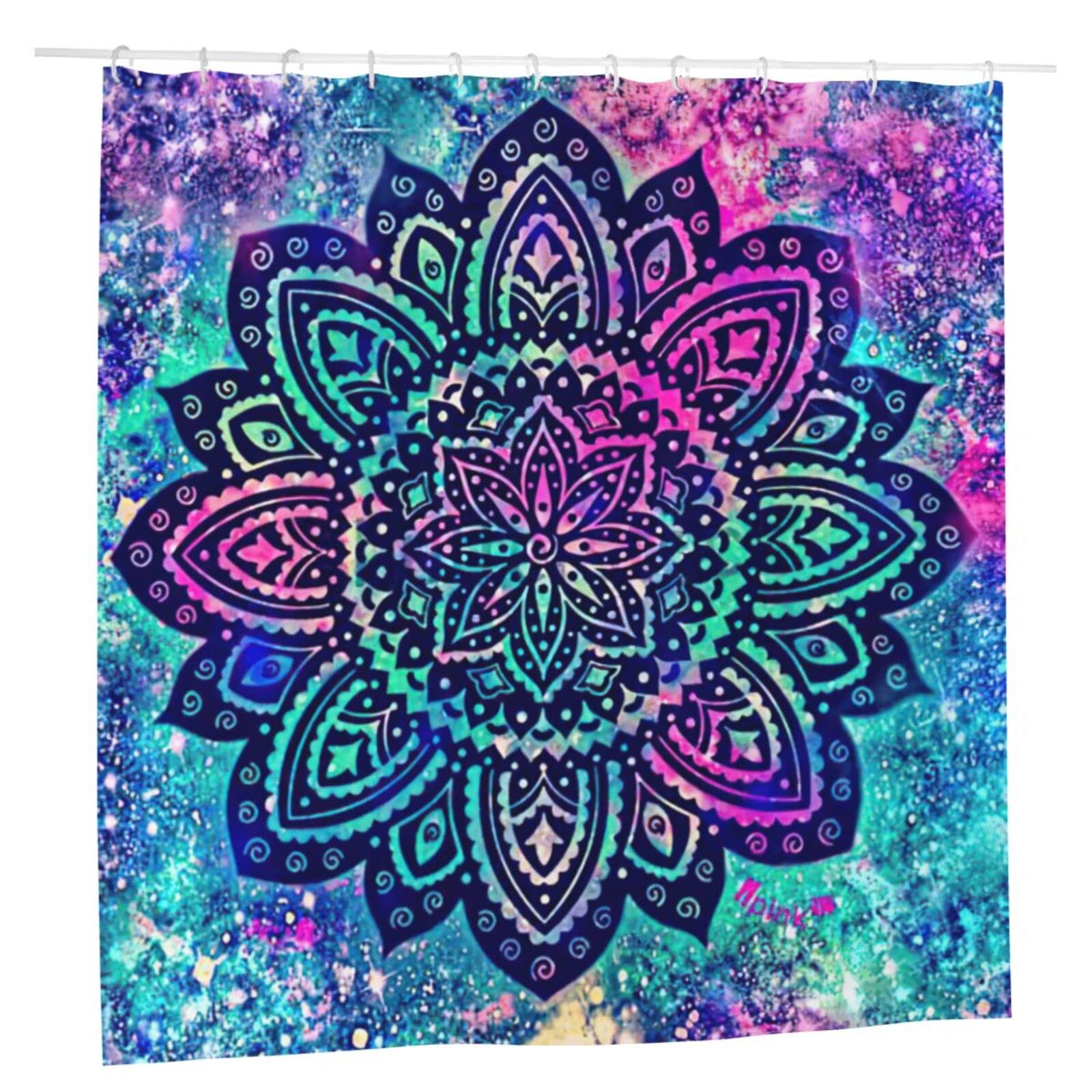 3D Printed Indian Mandala Shower Curtain - Waterproof Bathroom Decor with Hooks 72x72 Inches | Boho Style Bathroom Accessory for Modern & Vintage Home Decor
