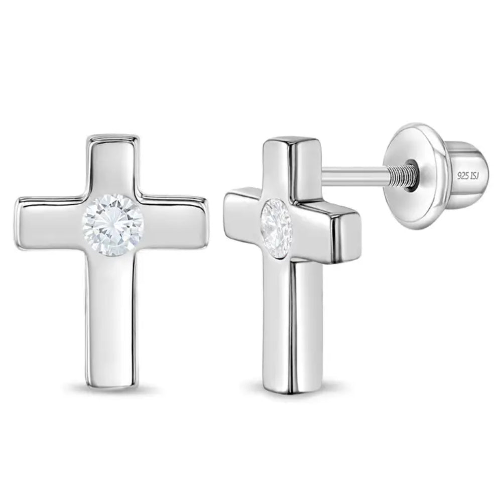 Kids' Sterling Silver & CZ Classic Cross Stud Earrings - Hypoallergenic, Durable & Stylish for Girls' First Communion, Baptism & Everyday Wear