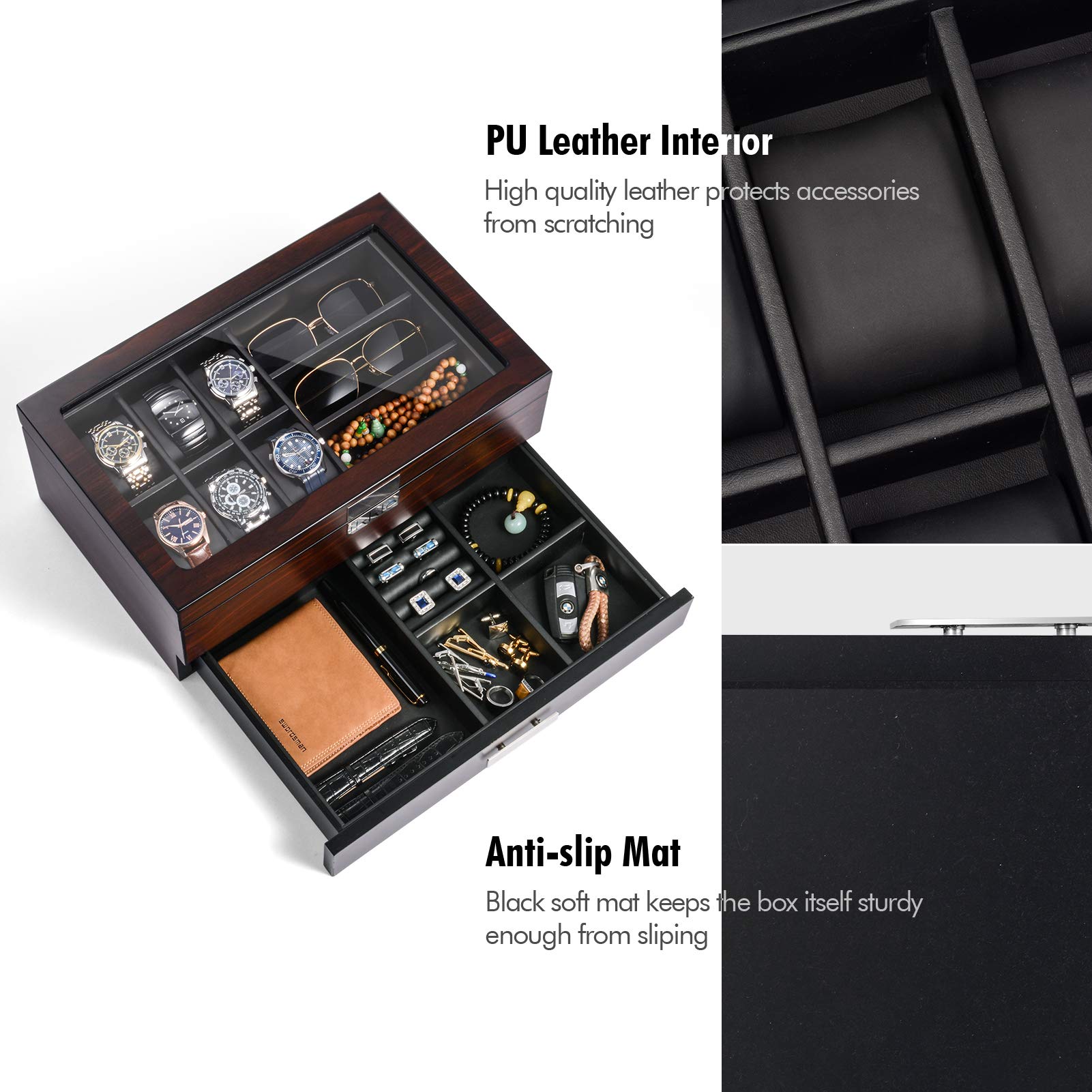 Premium Wooden Watch Box Organizer for Men - Luxury Valet Drawer & Glass Top Display Case - Jewelry Storage Gift for Him - Perfect for Watch Collectors & Fashion Accessories Organization