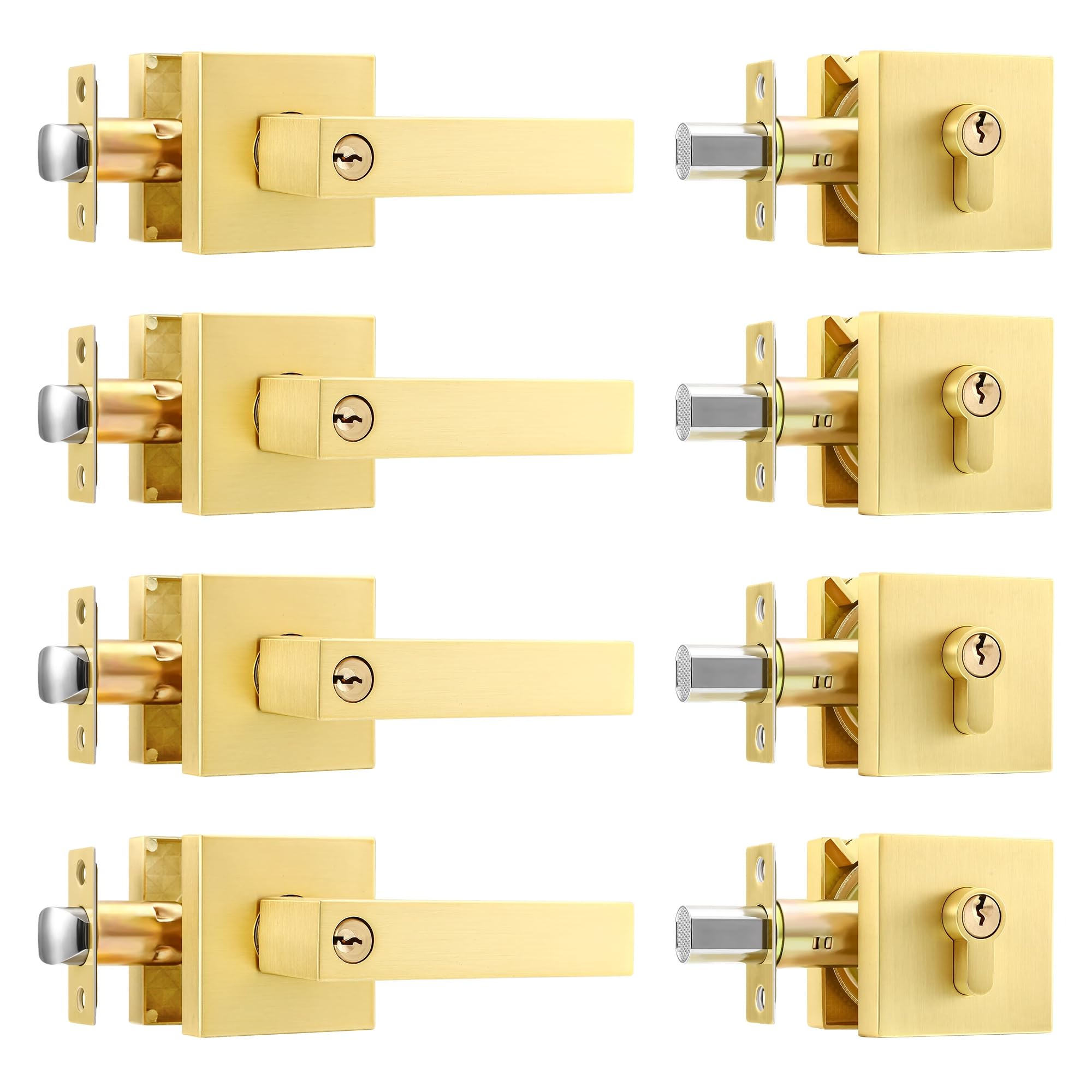 Leydebong 4-Pack Heavy Duty Front Door Handle & Deadbolt Set - Single Cylinder Keyed Alike Lever Door Handle for Office & Entrance Doors (Gold Finish) - Perfect for Home Security & Commercial Buildings
