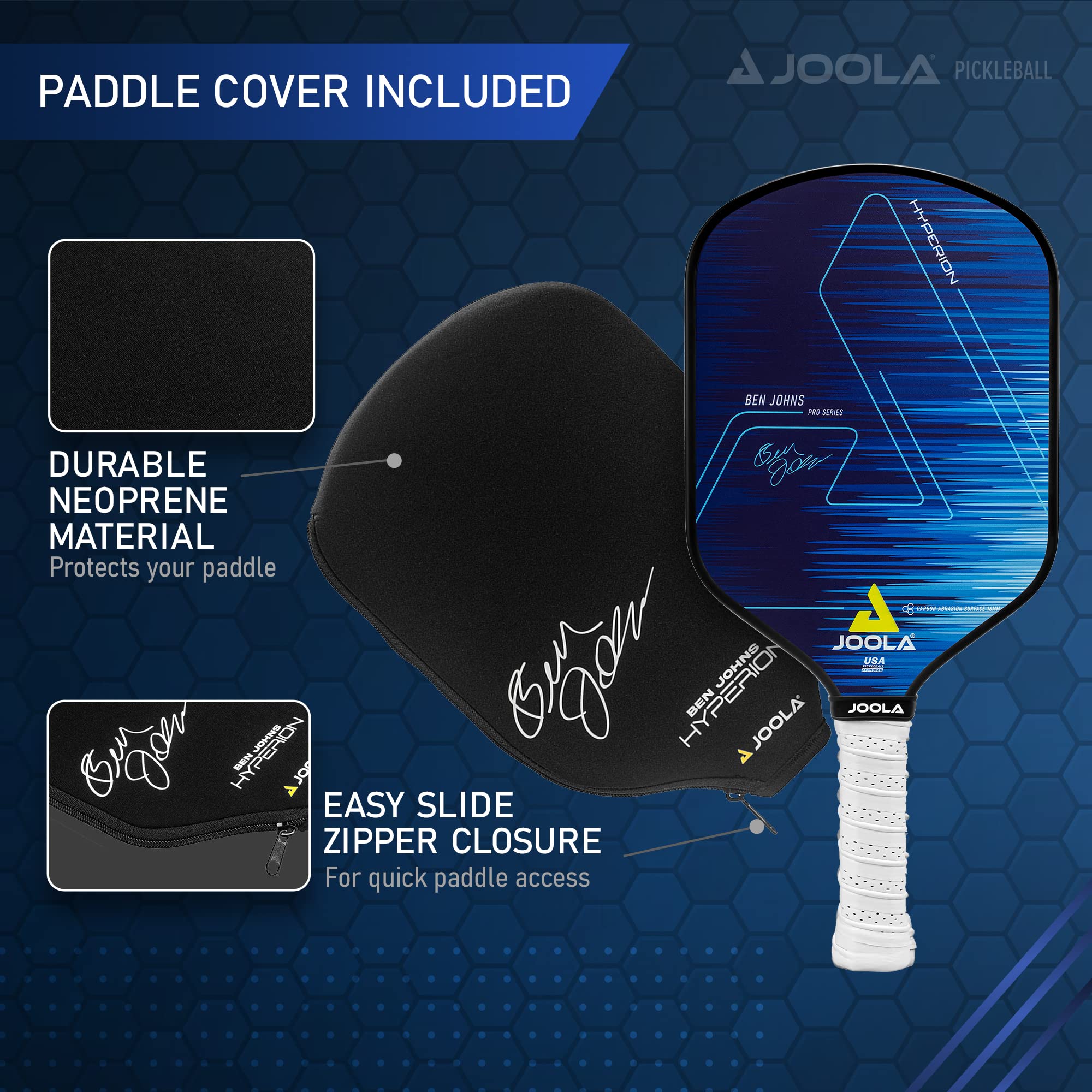 JOOLA Ben Johns Hyperion Pickleball Paddle - USAPA Approved Carbon Fiber Paddle with Honeycomb Polypropylene Core - Enhanced Power & Spin Control - Carbon Surface & Ergonomic Elongated Handle for Sure-Grip - Perfect for Competitive Play & Recreational Pickleball Games