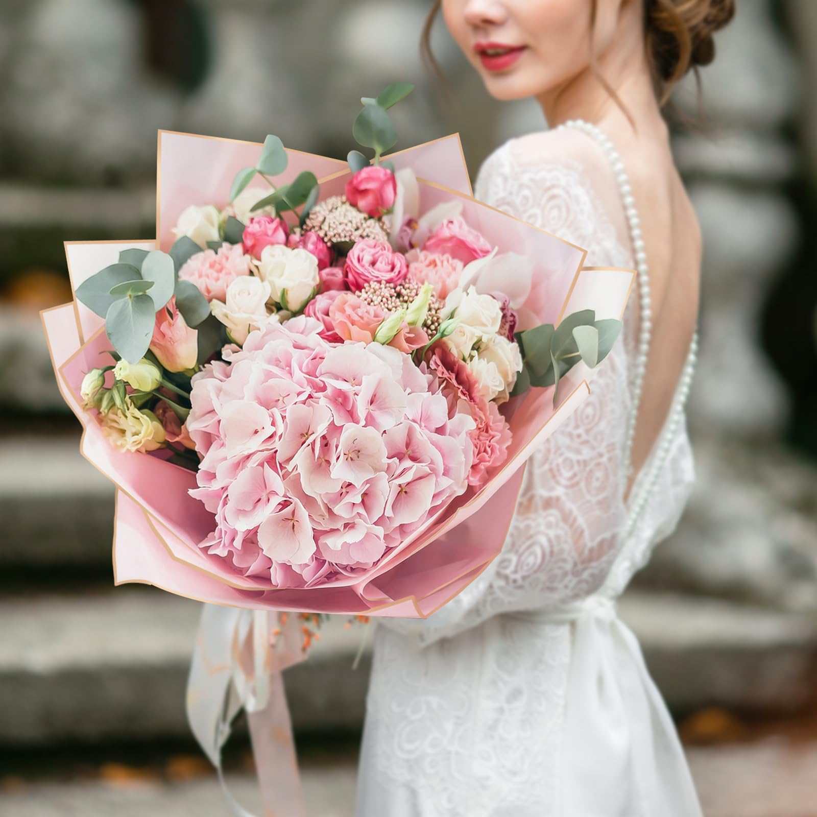 20 Sheets Waterproof Floral Wrapping Paper with Ribbons - 22.8 x 22.9 Inch Bouquet Gift Wrap for Florist Supplies (Mixed Pink) - Perfect for Wedding Bouquets, Birthday Gifts & DIY Flower Arrangements
