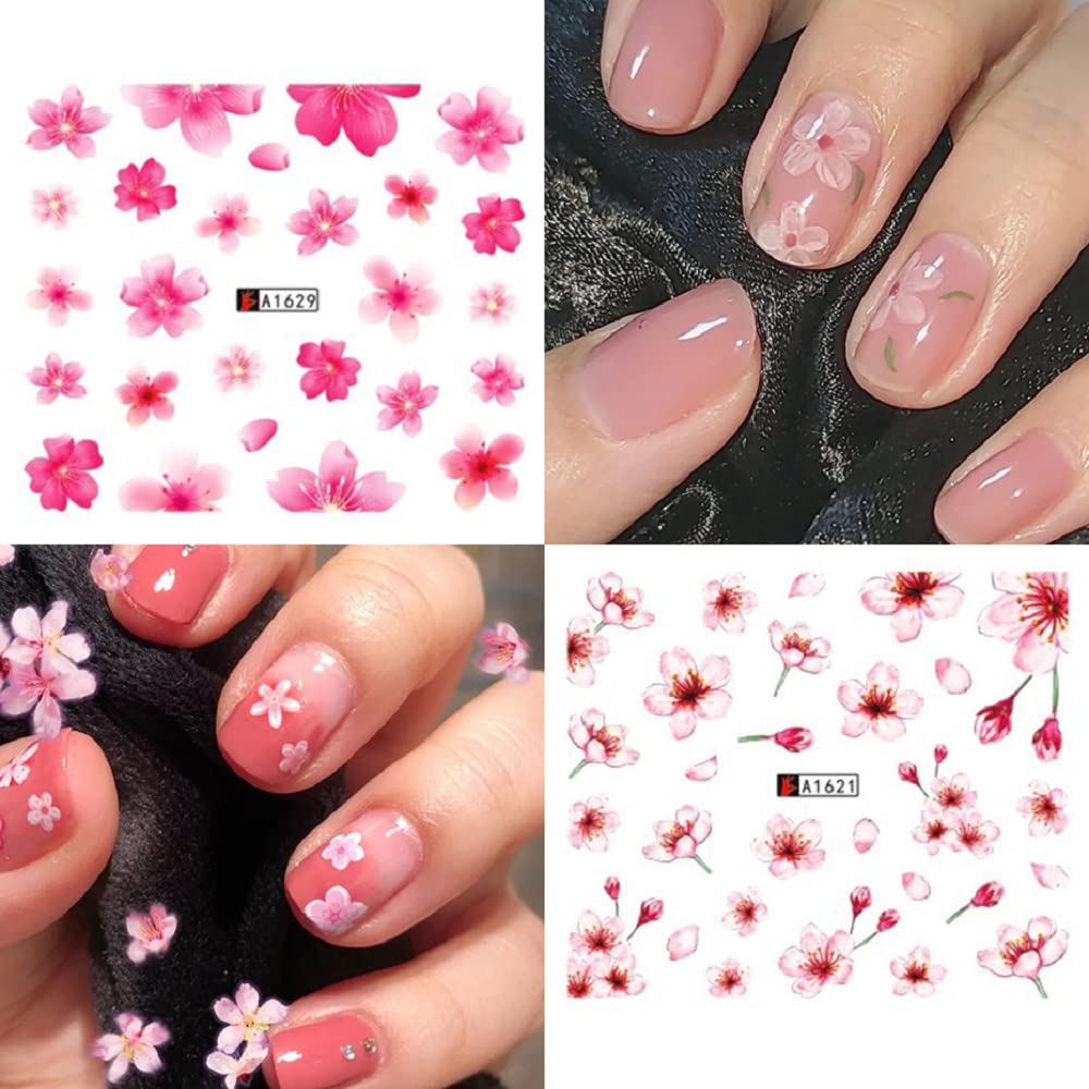 12 Sheets DIY Nail Art Water Transfer Decals - Pink Cherry Blossom Flower Nail Stickers & Tattoos for Women | At-Home Manicure, Salon Nail Design, Party Nail Art Accessories