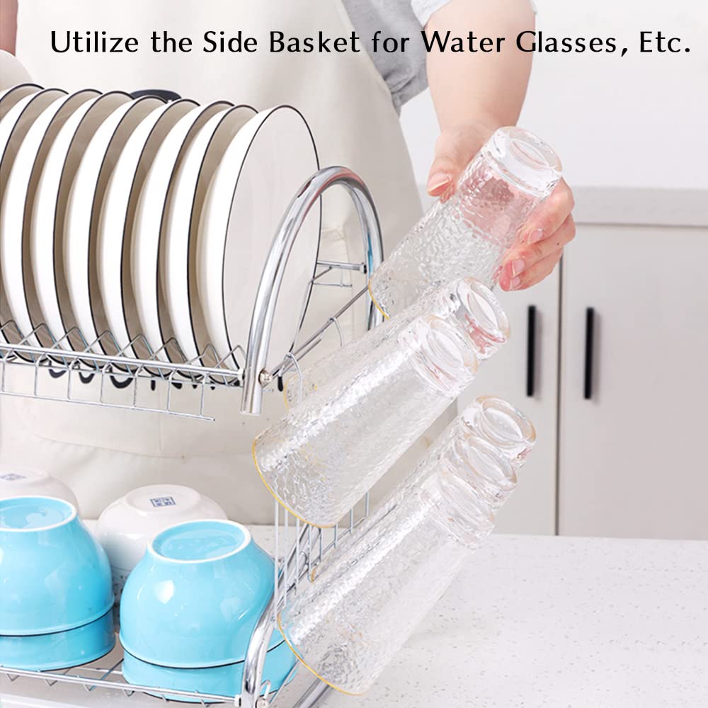 Stainless Steel 2-Tier Dish Drying Rack with Drainboard - Kitchen Counter Organizer for Utensils & Cups