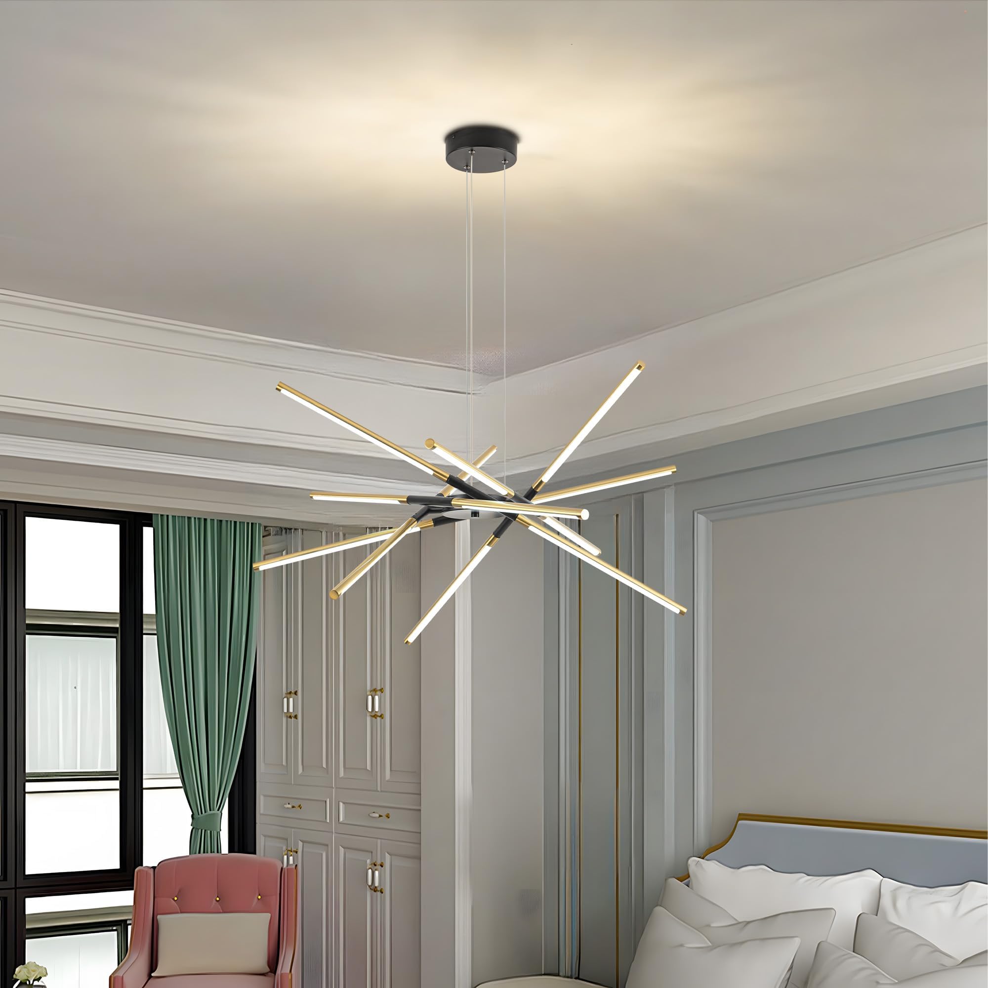 36in Modern LED Chandelier 12 Heads, 48W Dimmable Hanging Ceiling Light in Black and Gold - Adjustable Length for Kitchen Island, Dining Room, Bedroom, Living Room - Perfect for Modern Home Decor, Wedding Lighting, and Restaurant Ambiance
