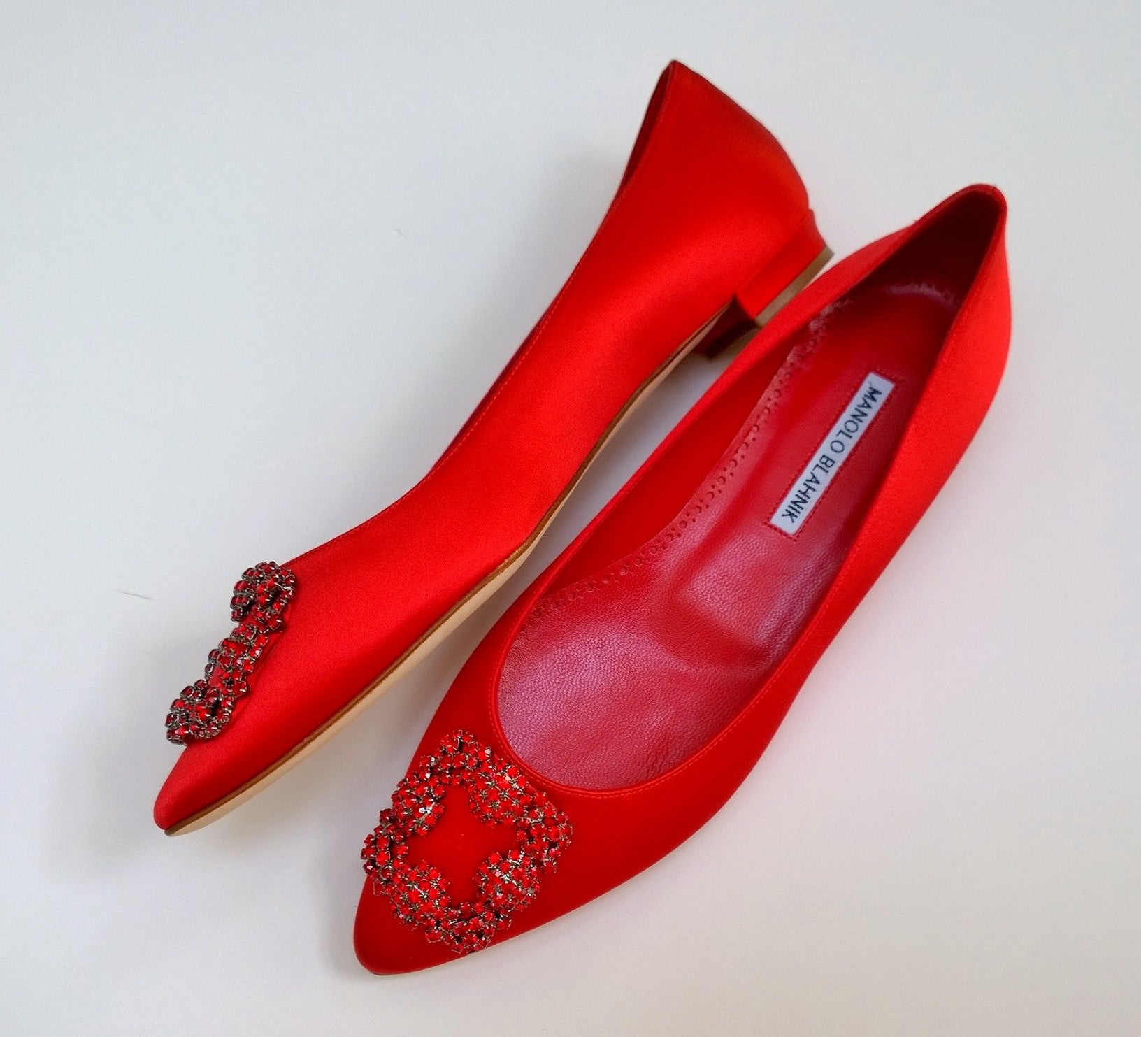 Manolo Blahnik Hangisi Red Satin Flats with Rhinestone Buckle - Elegant Strass Embellished Shoes for Women | Perfect for Weddings, Parties & Special Occasions