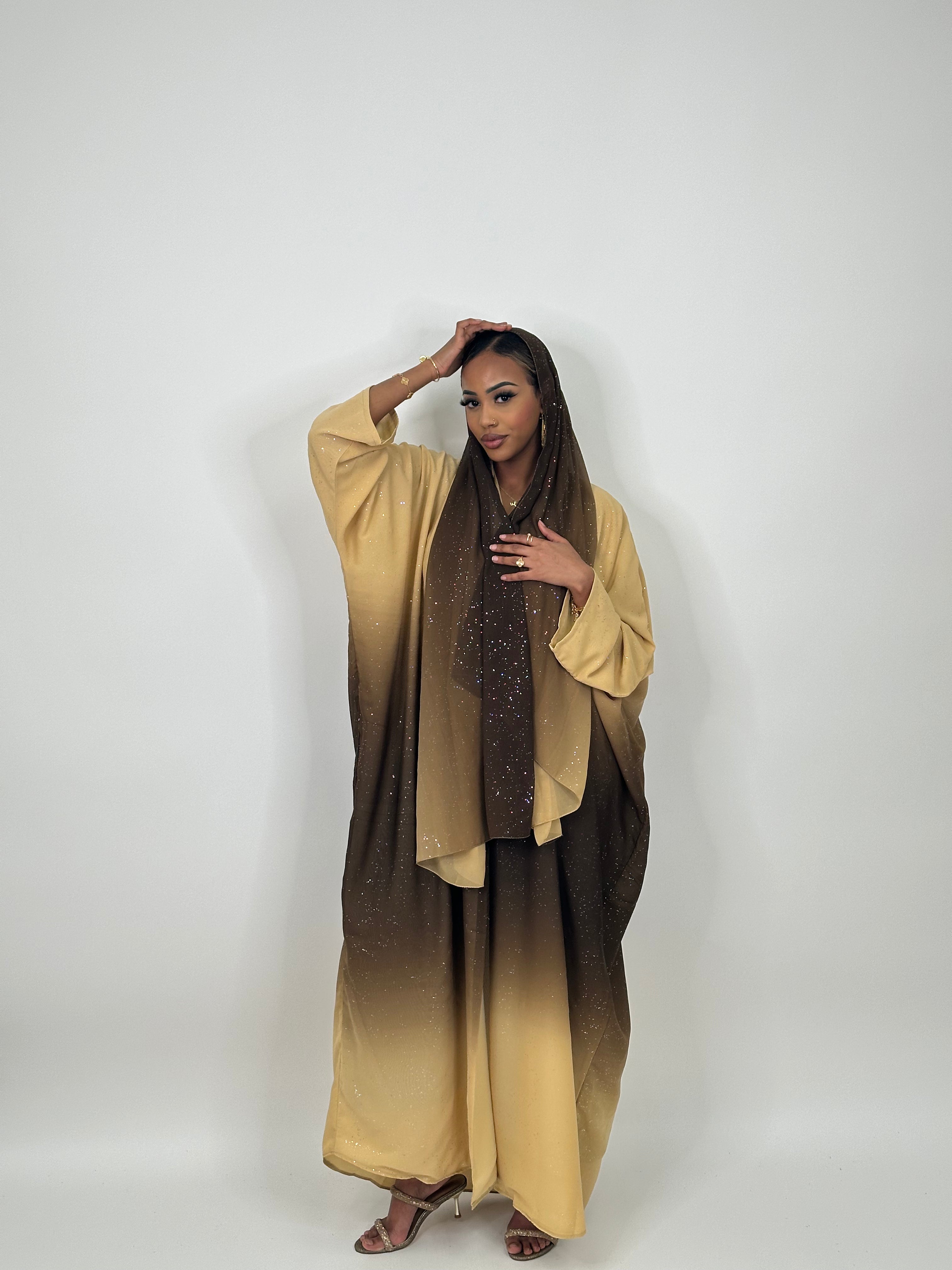 Elegant Brown Ombré Stars Abaya Dress - Modest Islamic Fashion for Women - Perfect for Eid, Prayer & Special Occasions