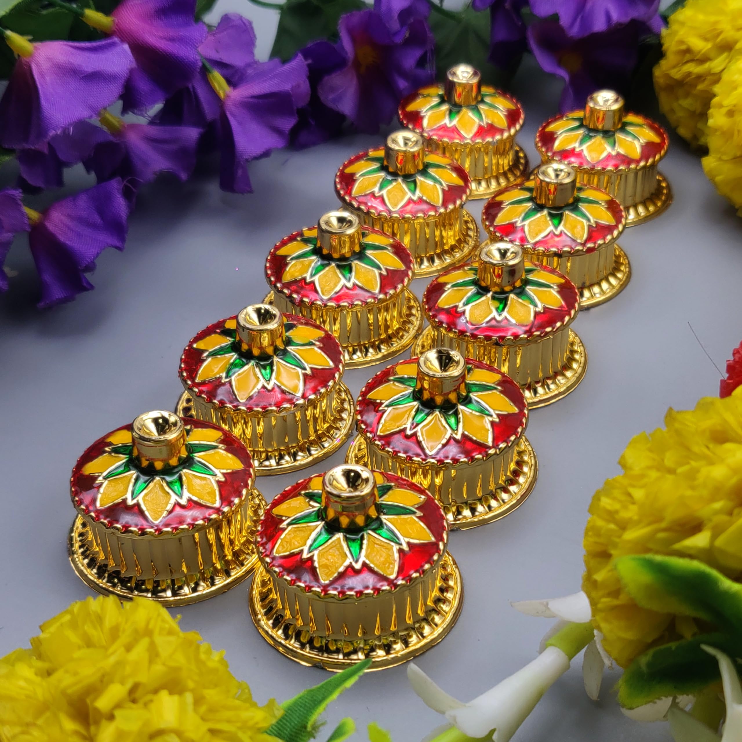 Handmade Decorative Kumkum Holder Tray Set - Traditional Indian Pooja Platter for Home Temple (10 Pieces) - Perfect for Diwali, Puja Ceremonies & Spiritual Decor