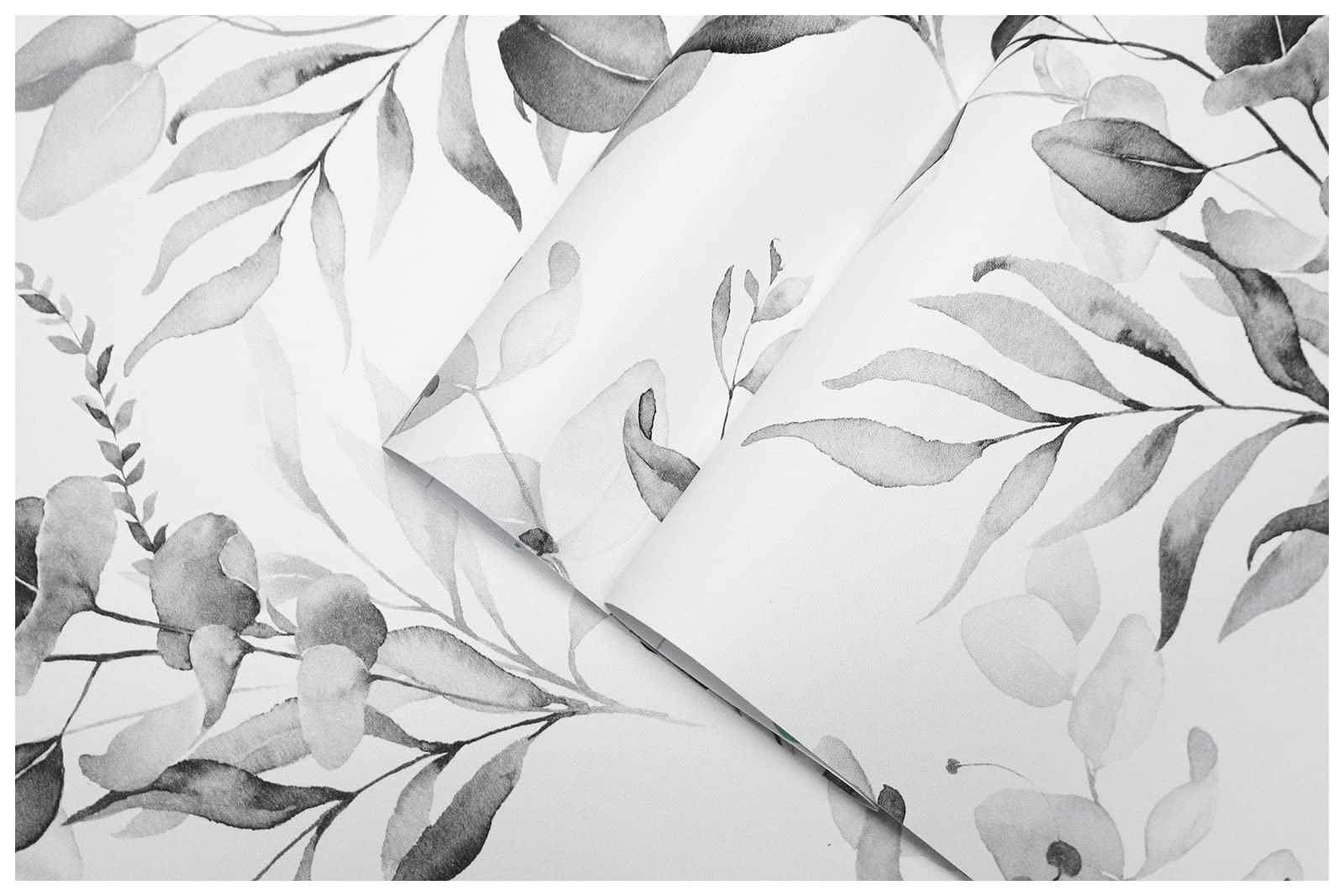 HAOKHOME Self-Adhesive Wallpaper - Boho Black Grey White Eucalyptus Leaf Floral Design, Peel and Stick Wall Mural for Home Decor, Nursery, Bedroom, 17.7in x 9.8ft - Perfect for DIY Home Renovation & Accent Walls