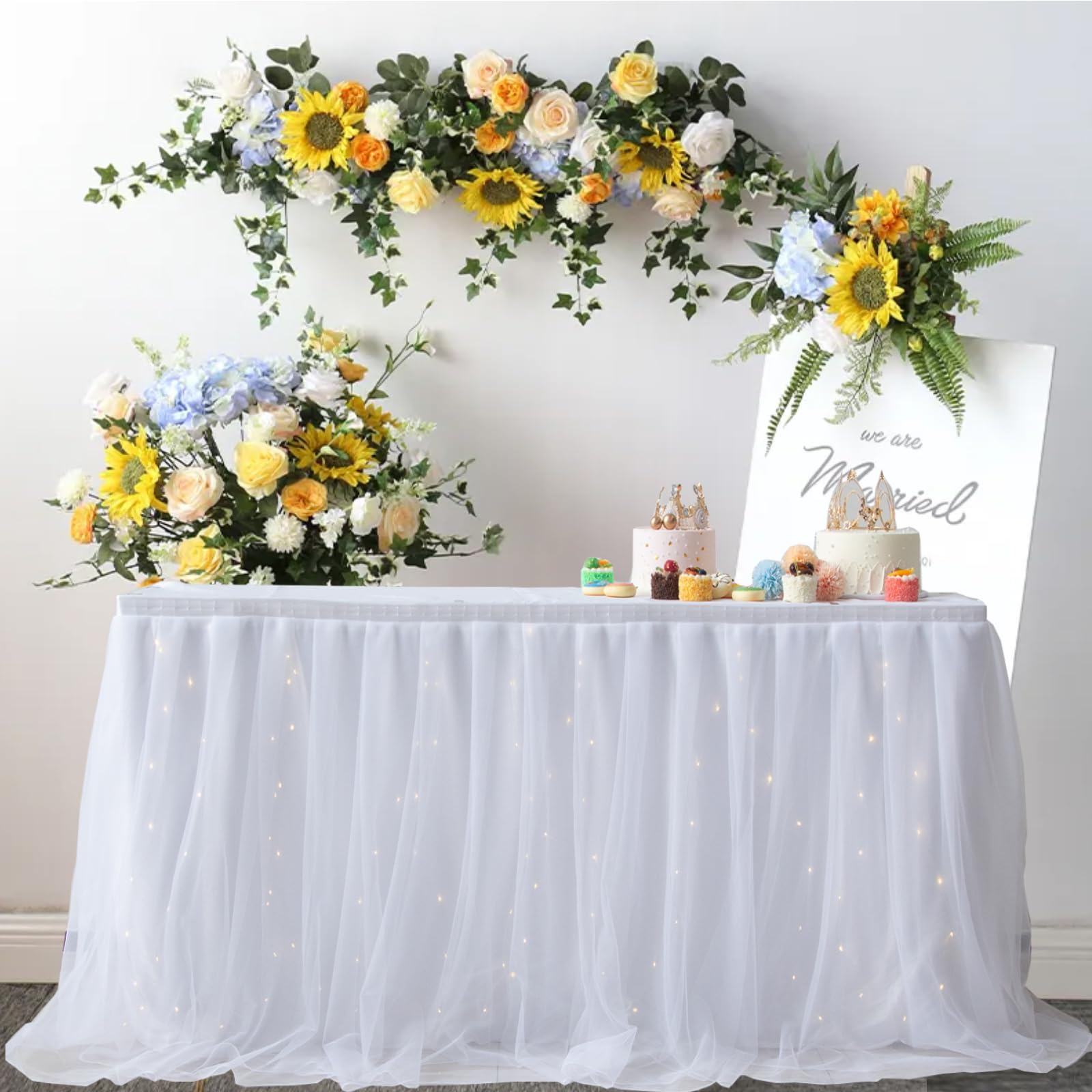 Albassa White Tulle Table Skirt with LED Lights - 6ft Tutu Table Cover for Rectangle or Round Tables - Elegant Baby Shower, Birthday Party & Wedding Cake Table Decor - Perfect for Dessert Buffets, Bridal Showers & Special Events (White, 6ft Length x 30in Height)