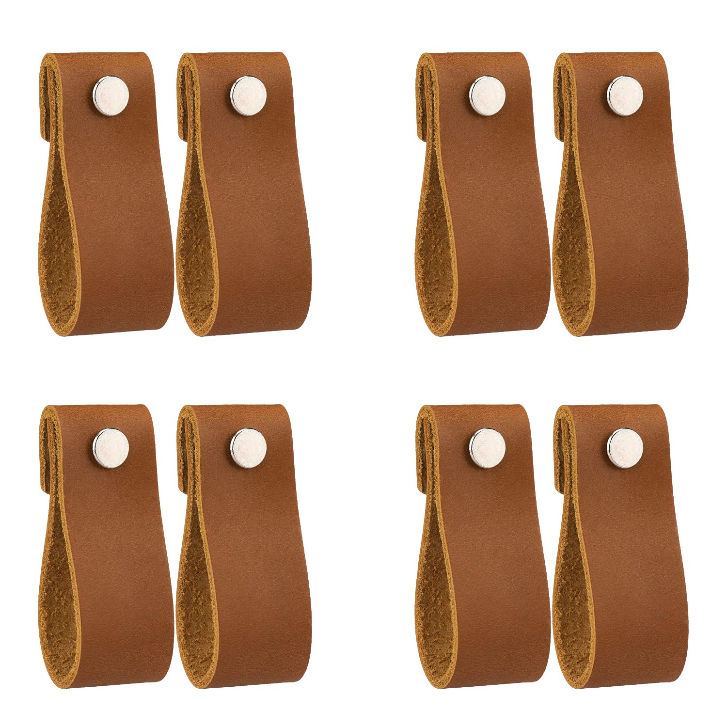Handmade Pure Leather Drawer Pulls - 8 Pcs Brown Leather Cabinet Knobs & Dresser Handles for Furniture, Doors & Drawers - Perfect for Home Office, Bedroom & Kitchen Cabinetry