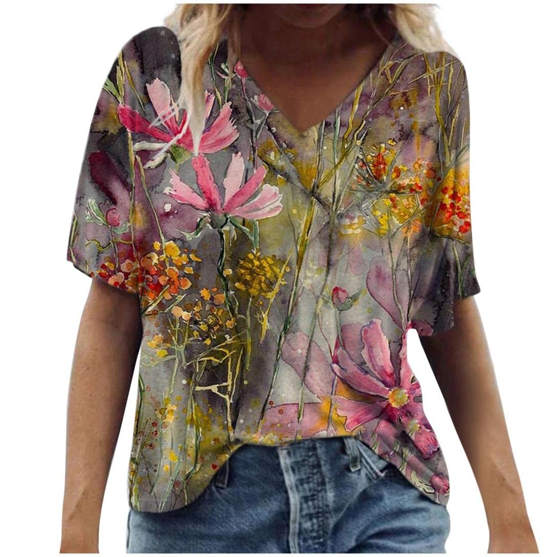 Women's Summer V-Neck Graphic Tees - Casual Short Sleeve Loose Fit Tops with Floral Print | Trendy Going Out T-Shirt Blouse for Beach, Party & Everyday Wear