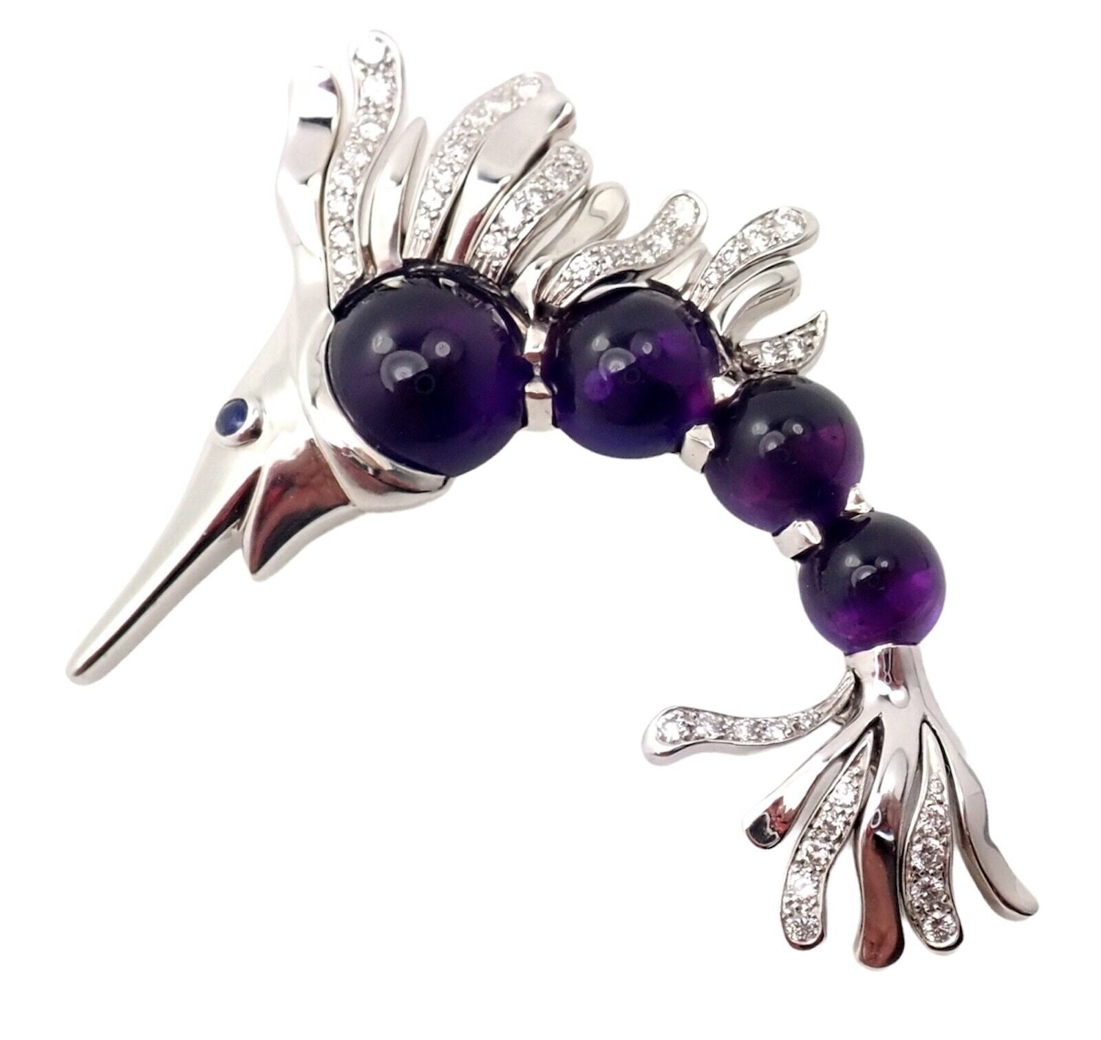Chanel 18K White Gold Amethyst Diamond Miami Marlin Fish Brooch Pendant - Luxury Jewelry for Women, Elegant Gift for Special Occasions, Perfect for Parties and Formal Events