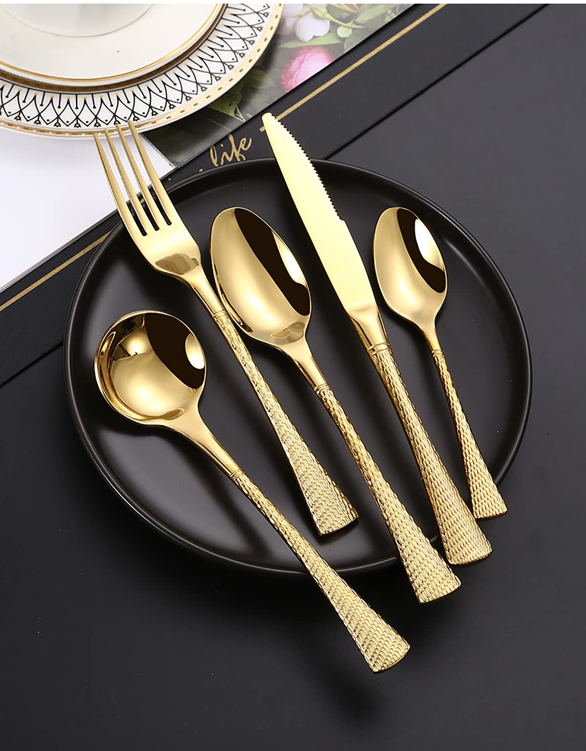60-Piece Stainless Steel Gold Silverware Set for 12 - Modern Hammered Flatware with Steak Knives, Dishwasher Safe Cutlery Set for Home & Restaurant | Perfect for Dinner Parties, Wedding Gifts & Fine Dining