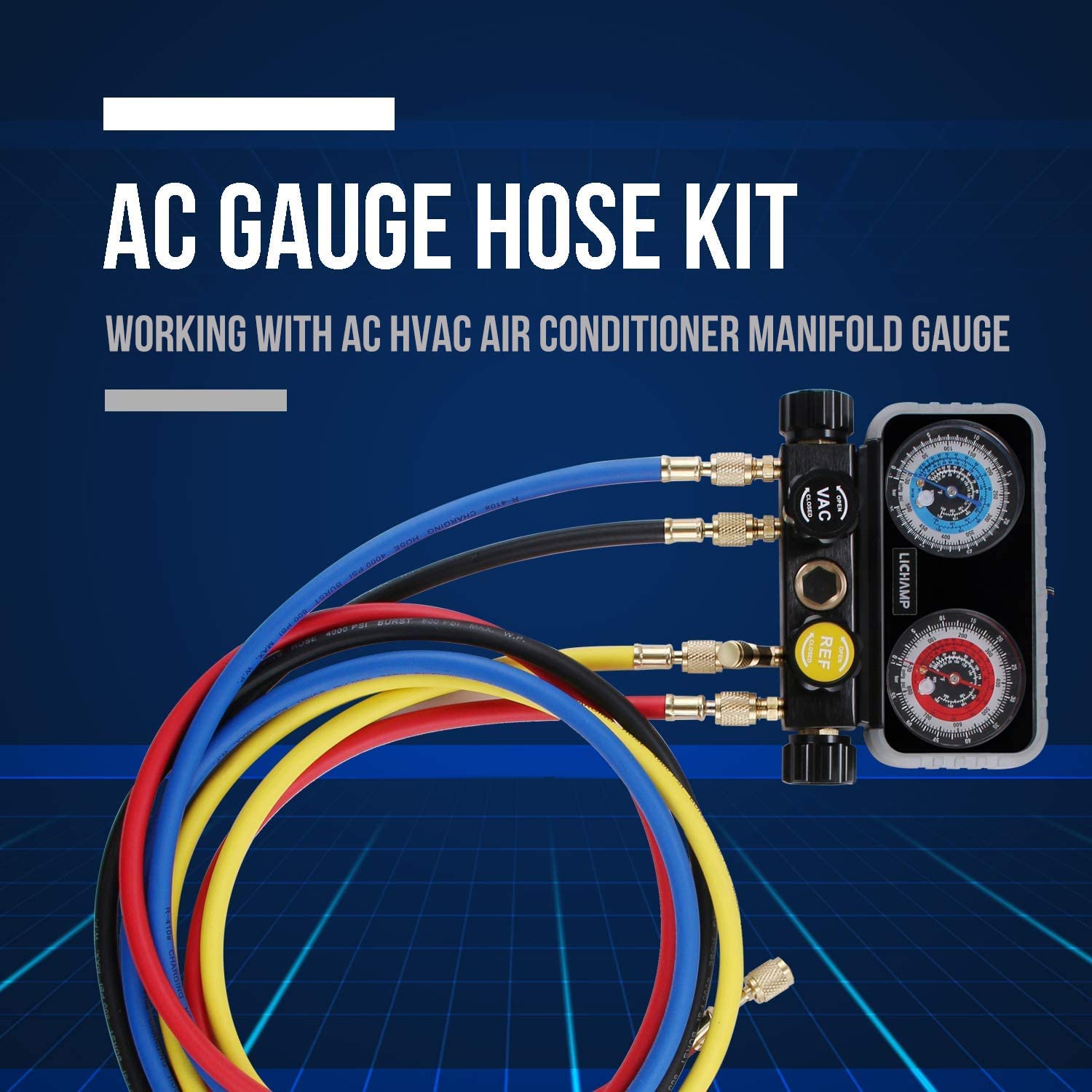 Lichamp 4-Piece 5FT AC Manifold Gauge Hose Kit with 4 AC Adapters - Compatible with R134A, R410A, R404A, R12, R22, R502, R1234YF Refrigerants - Perfect for HVAC Repair, Auto AC Service, and Refrigeration Maintenance