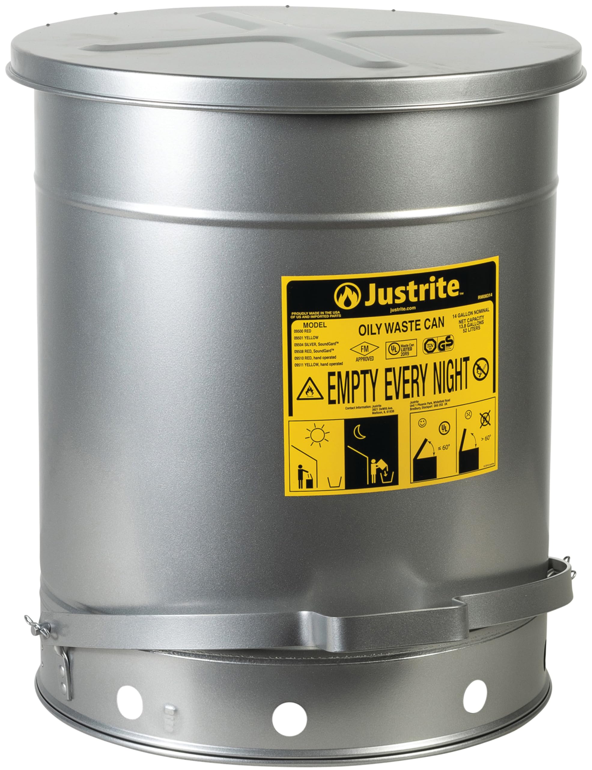 Justrite 14 Gallon Galvanized Steel Oily Waste Can with Foot Pedal Lid - 20