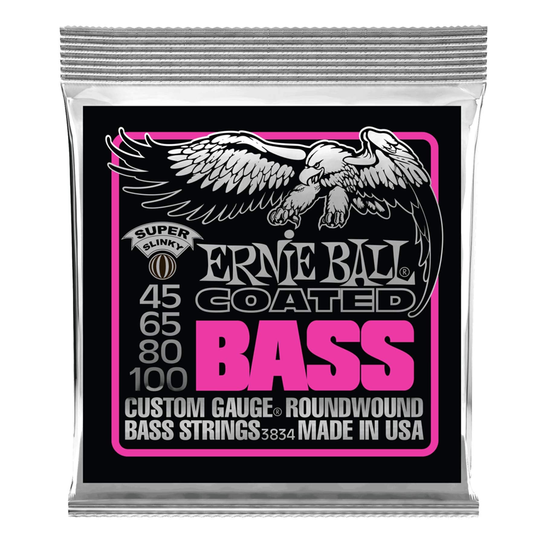 Ernie Ball Super Slinky Coated Bass Guitar Strings - 45-100 Gauge (P03834) | Long-Lasting Tone & Playability | Perfect for Rock, Metal & Studio Recording