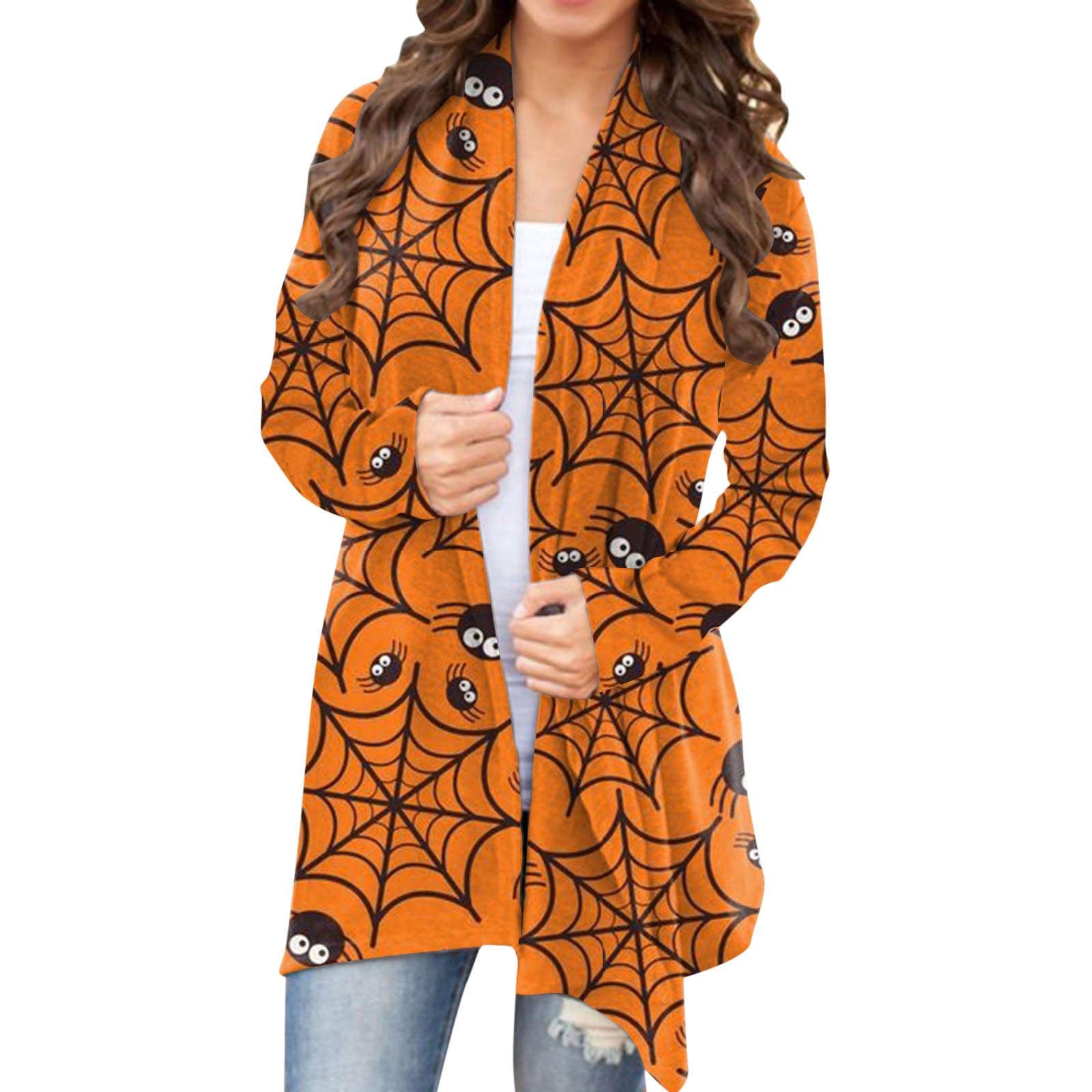 Women's Halloween Witch Costume Cardigan - Pumpkin Cat Print Long Sleeve Open Front Plus Size | Cozy Fall Outfit for Halloween Parties, Cosplay & Themed Events