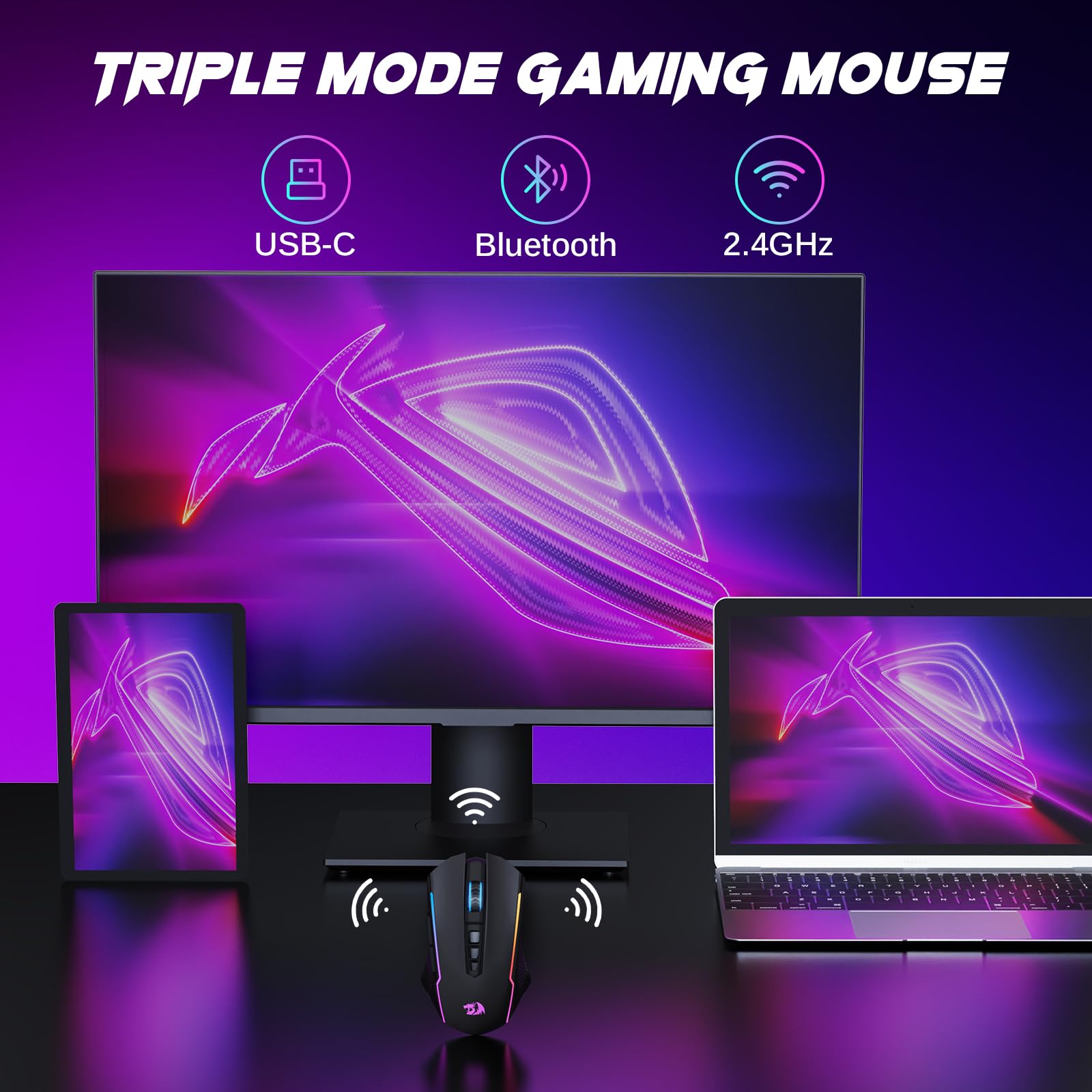 Redragon Tri-Mode Wireless Gaming Mouse - 2.4G/USB-C/Bluetooth Connectivity, 12000 DPI, RGB Backlit, Rechargeable, Programmable Ergonomic Mouse for PC, Mac, Laptop (Black) - Perfect for FPS, MOBA & Office Work