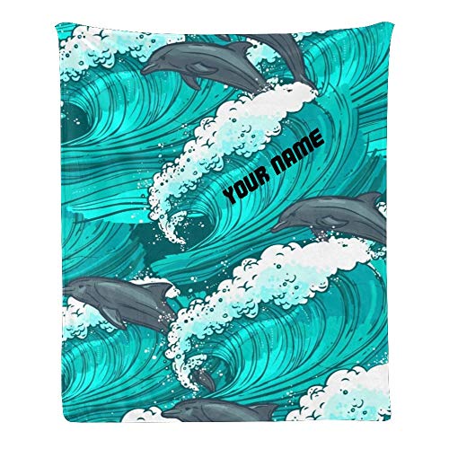 Custom Kids Fleece Blanket with Name - Personalized Jumping Dolphins Wave Design Baby Throw Blanket 30x40 Inches - Perfect for Nursery, Toddler Bed, and Cozy Cuddle Time