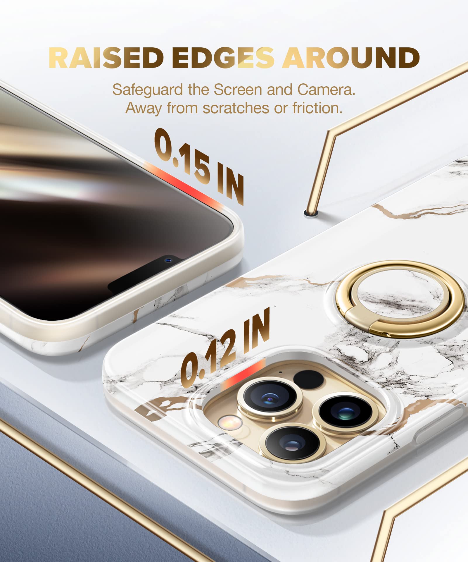 GVIEWIN iPhone 13 Pro Case 6.1 Inch (2021) - 360° Rotatable Ring Holder & Kickstand, Slim Shockproof TPU Protective Cover with Marble Design (White/Gold) - Perfect for Work, Travel, and Everyday Protection