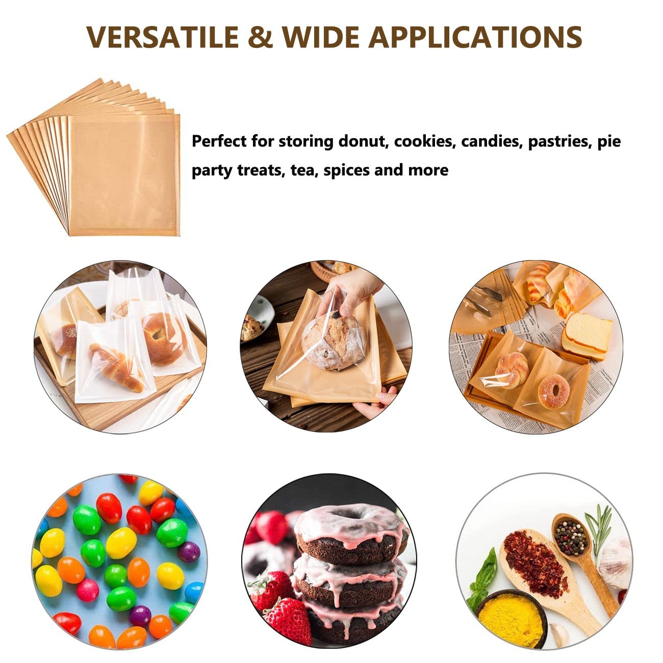 100 Pack 7.1x7.5 Inch Bakery Bags with Window - Grease Resistant & Heat-Sealable Kraft Paper Food Bags for Cookies, Donuts, Sandwiches | Perfect for Bakeries, Cafes & Home Baking