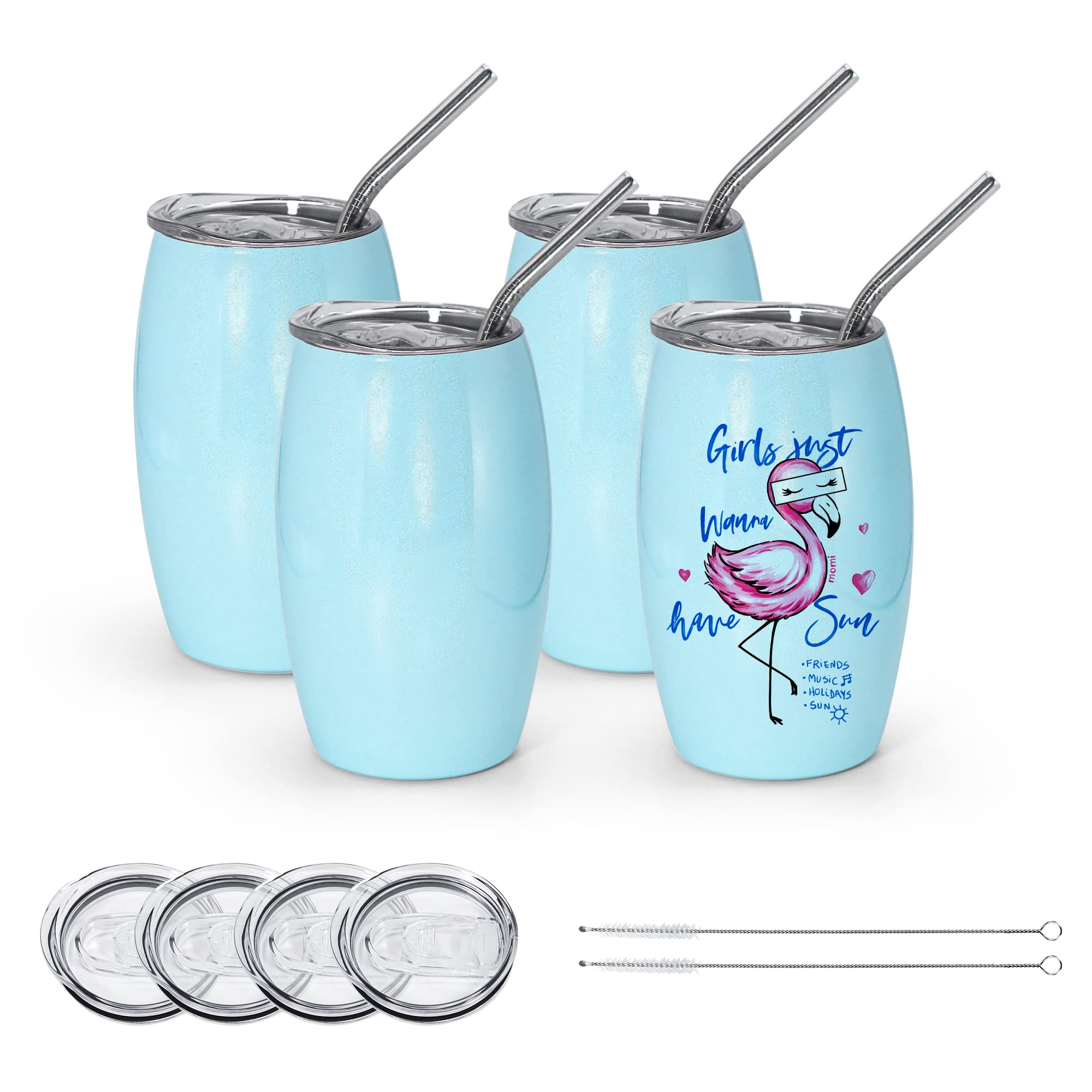20oz Stainless Steel Wine Tumbler 4-Pack with 2 Spill-Proof Lids - Vacuum Insulated Double Wall Stemless Wine Glasses for Champagne, Cocktails, Coffee & Ice Cream - Perfect for Parties, Picnics & Travel