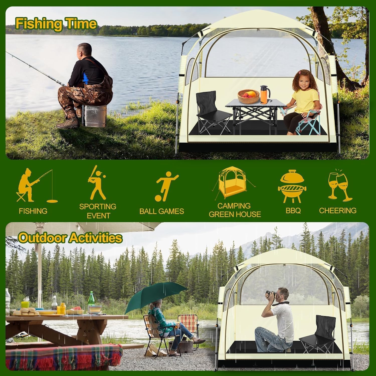 All-Weather Clear Sports Shelter Tent - Windproof & Rainproof Bubble Tent with Detachable Top Cover for 1-4 People | 540° Panoramic View for Camping, Fishing, Sports Events & Outdoor Adventures