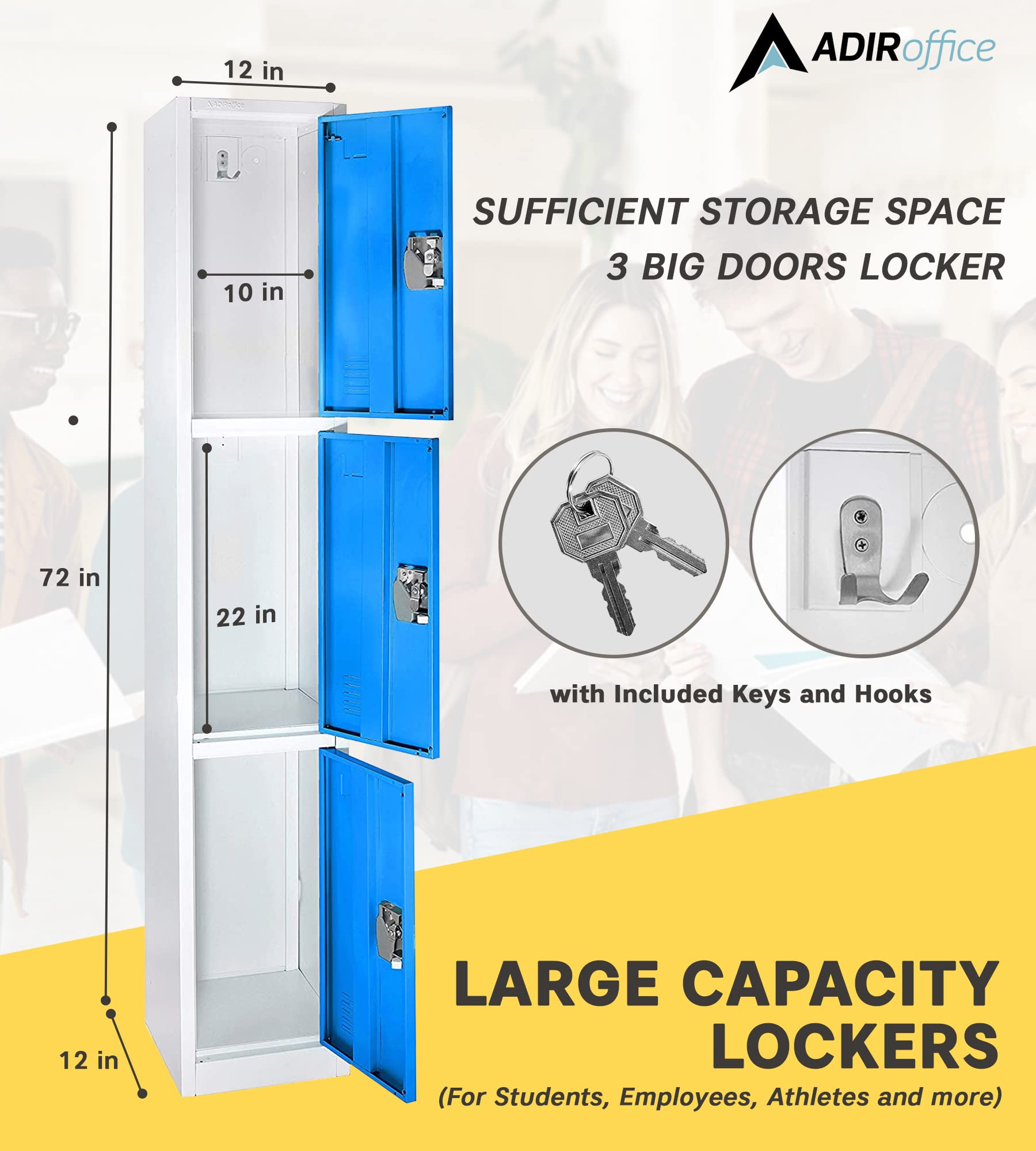 AdirOffice 3-Door Large School Locker with Hooks - Heavy Duty Metal Storage Cabinet for Garage, Office & Classroom Organization (Blue) - Perfect for Storing Sports Gear, Cleaning Supplies & Work Tools