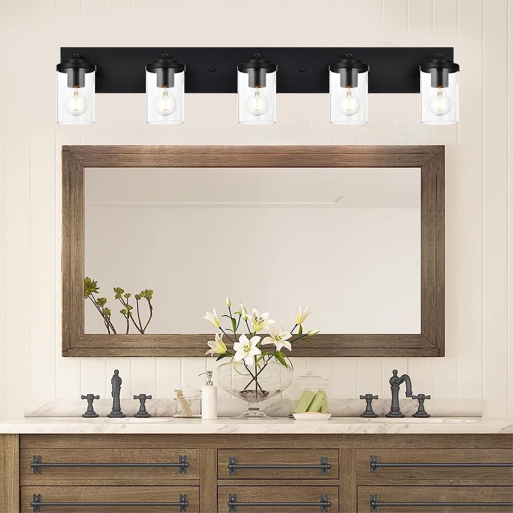 BONLICHT 5-Light Black Track Lighting Kit - Modern Semi Flush Mount Ceiling Spot Lights Fixture with Clear Glass Shade - Industrial Vanity Light for Bathroom, Kitchen, Living Room & Bedroom - Perfect for Home, Office and Commercial Spaces