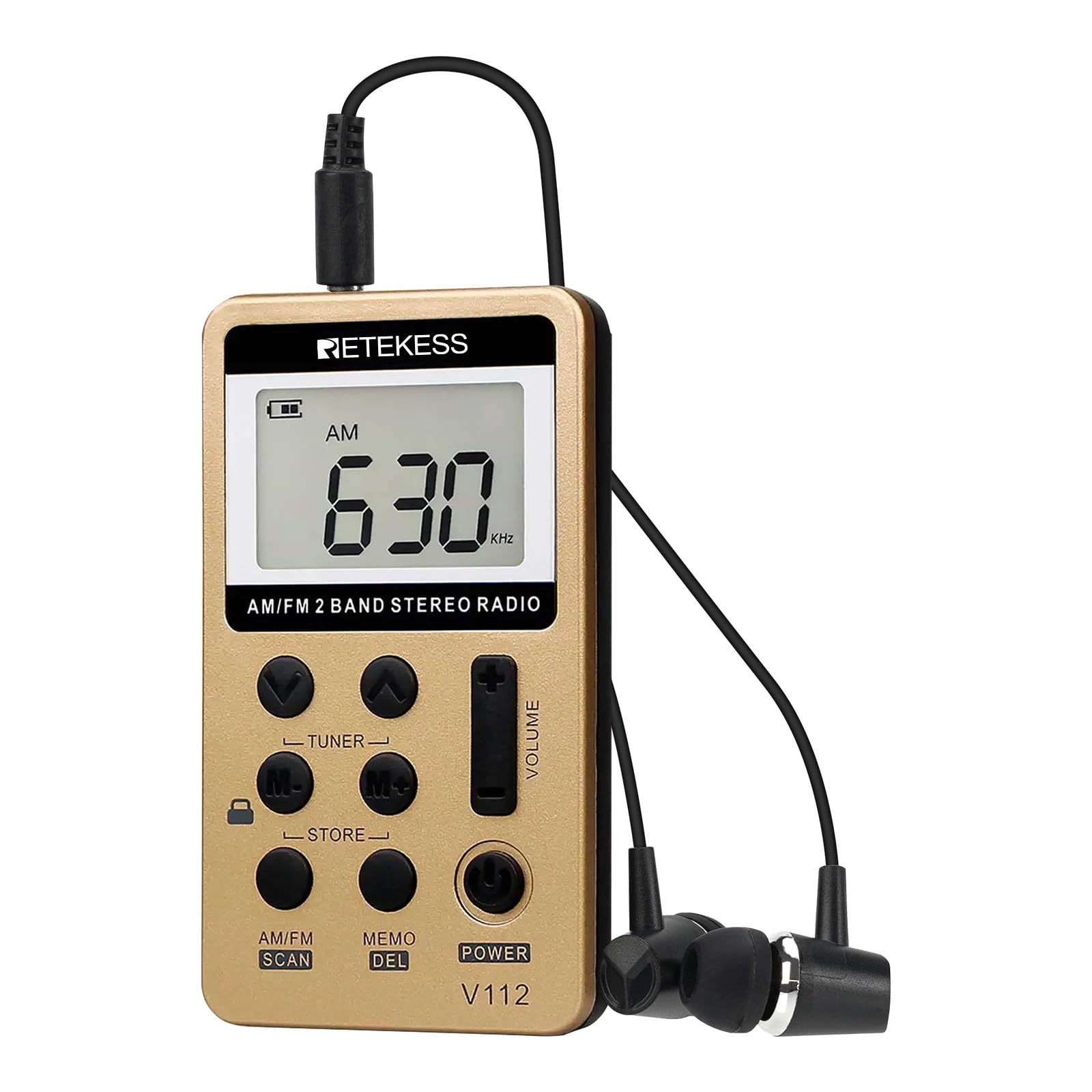Retekess V112 AM FM Portable Radio with Digital Tuning, Rechargeable Battery, LCD Display & Earphone Jack - Compact Pocket Radio for Walking, Jogging, Travel, Camping & Emergency Use (Gold)