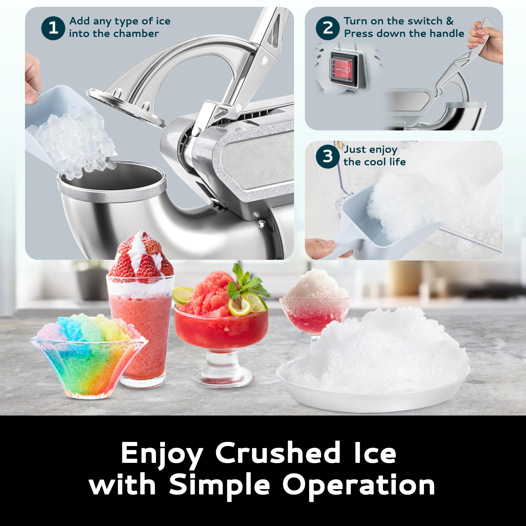 EUHOMY 300W Commercial Ice Crusher - 661Lbs/Hour High Capacity, ETL Certified Dual Blade Snow Cone Maker, Easy Clean Electric Shaved Ice Machine with Safety Switch - Perfect for Restaurants, Bars, Parties & Home Use (Silver)