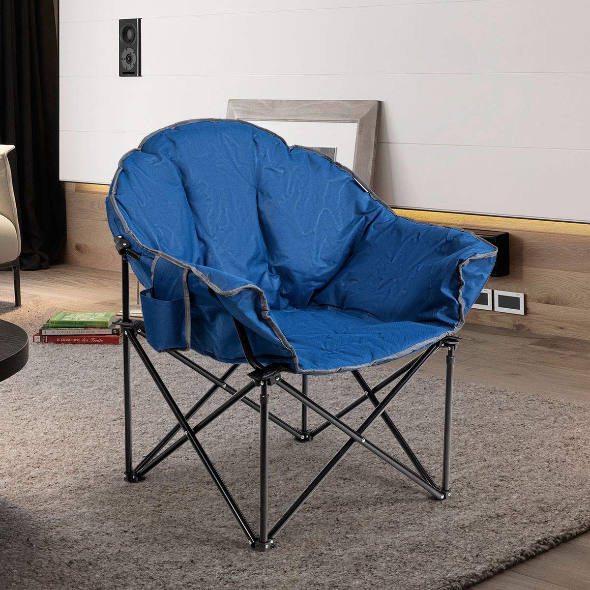 Giantex Portable Camping Chair - Moon Saucer Chair with Soft Padded Seat, Outdoor Folding Lawn Chair with Cup Holder & Carry Bag (Navy) - Perfect for Beach, Picnic, Backyard & Camping Trips