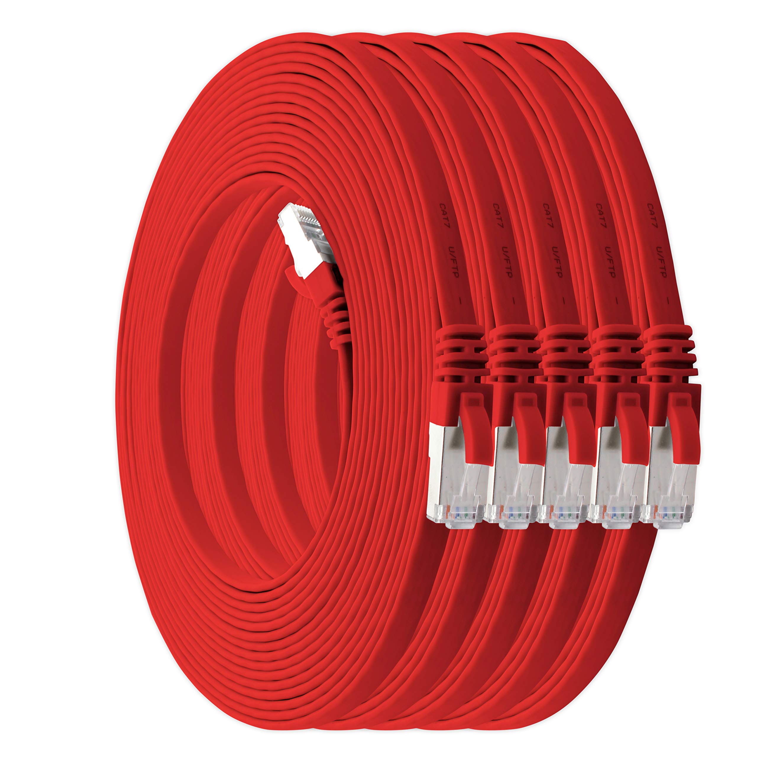 0.5m Red Cat7 Flat Ethernet Cable - Pack of 5, 10Gbps High-Speed Gigabit LAN Network Cable, Slim RJ45 Patch Cord for Home/Office/Data Center Installation - Perfect for Gaming, Streaming & Server Rooms