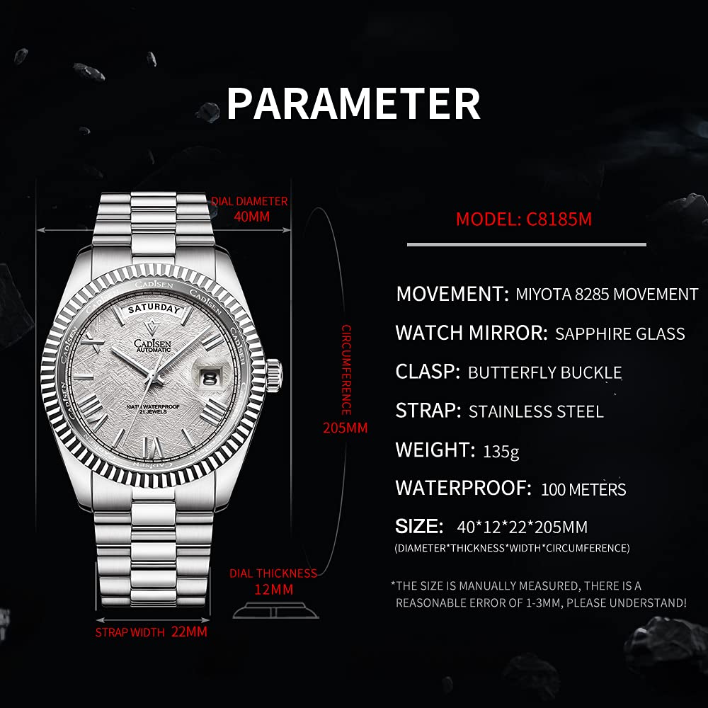 CADISEN Men's Automatic Mechanical Watch with MIYOTA 8285 Movement | Sapphire Crystal Glass | 50M Waterproof | Casual Dress Watch for Business, Office & Everyday Wear