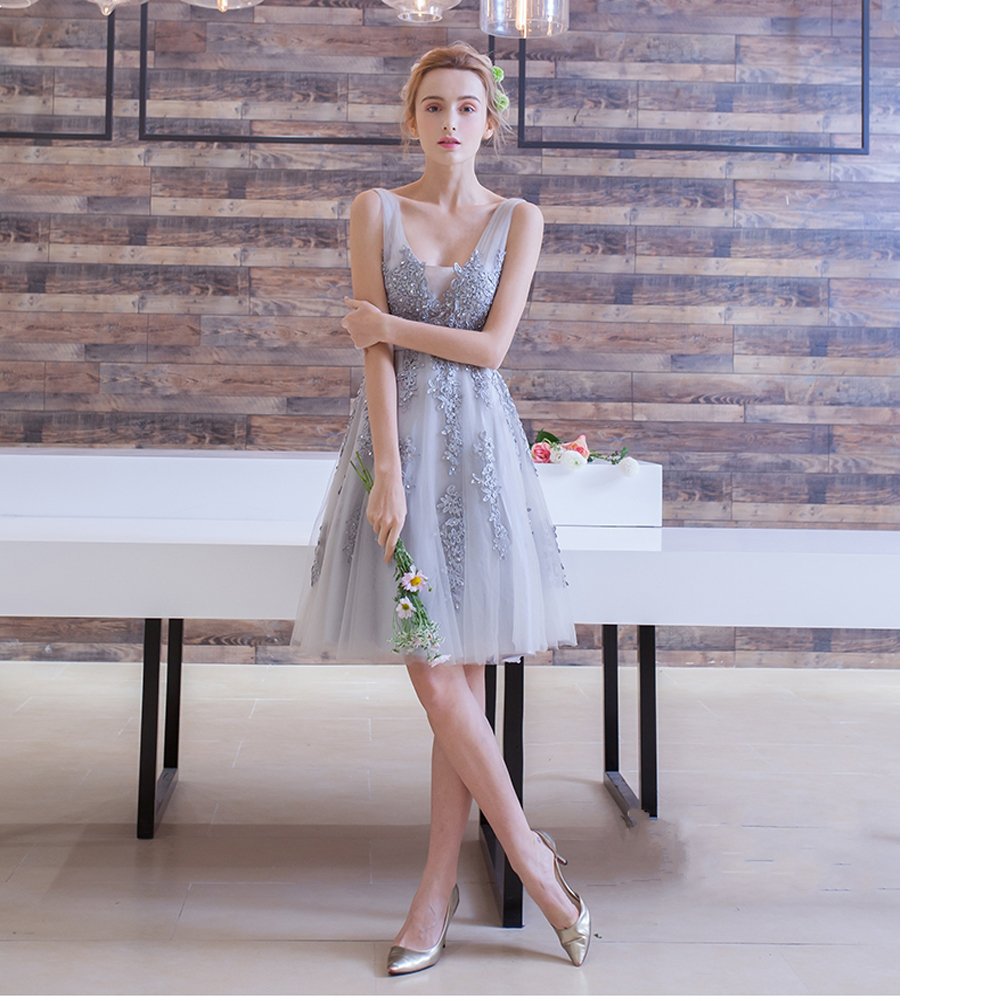 **Elegant Silver Short Knee-Length Sheer Backless Beaded Lace Prom Dress for Women – Perfect for Bridesmaids, Evening Parties & Special Occasions**