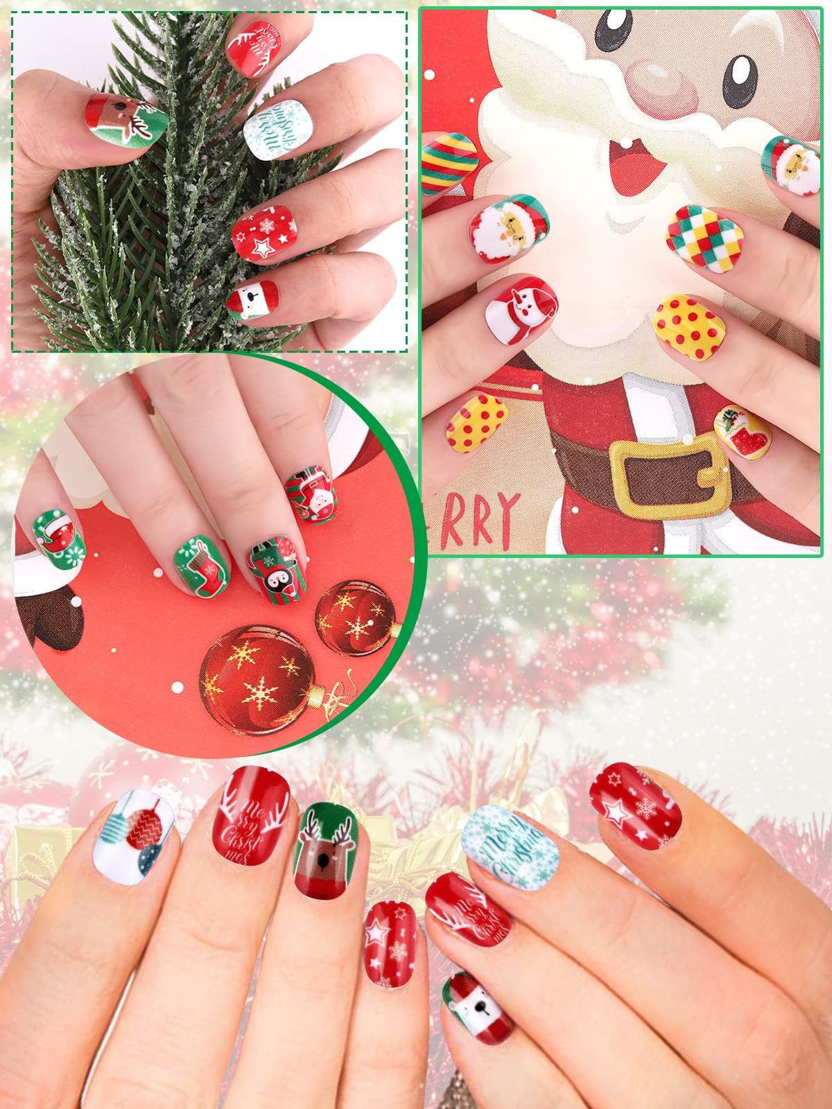 EBANKU 6 Packs Christmas Press on Nails for Kids - Short False Fingernails with 3D Santa Claus Snowman & Christmas Tree Designs - Perfect for Girls Holiday Parties, School Events & Family Gatherings