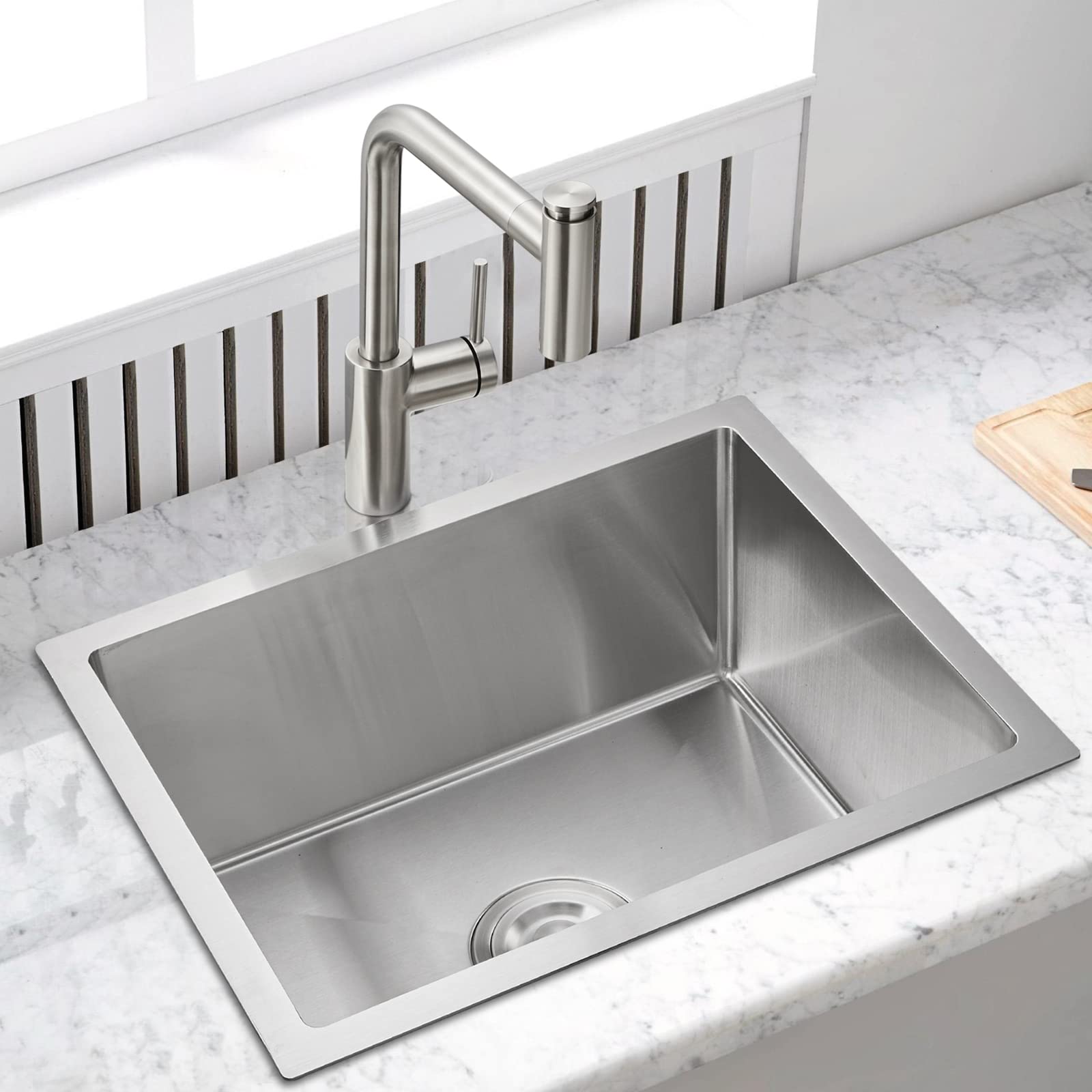 25x18 Inch Drop-in Tight Radius 18 Gauge Stainless Steel Kitchen Sink - Undermount Single Bowl for Modern Home & Restaurant Use