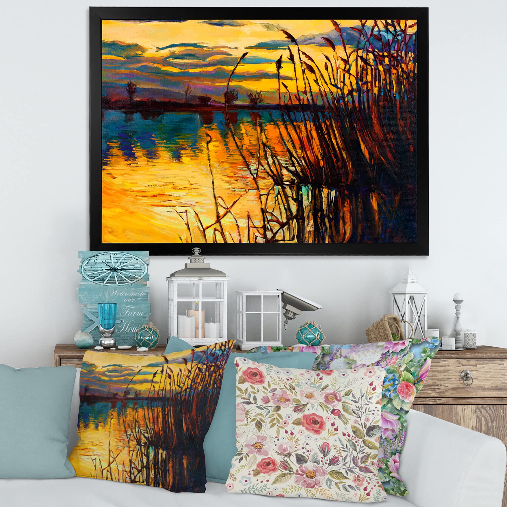 Yellow Sunset Through The High Grass By The Lake - Coastal Framed Wall Art for Living Room, Bedroom & Office Decor | Nautical Home Decor