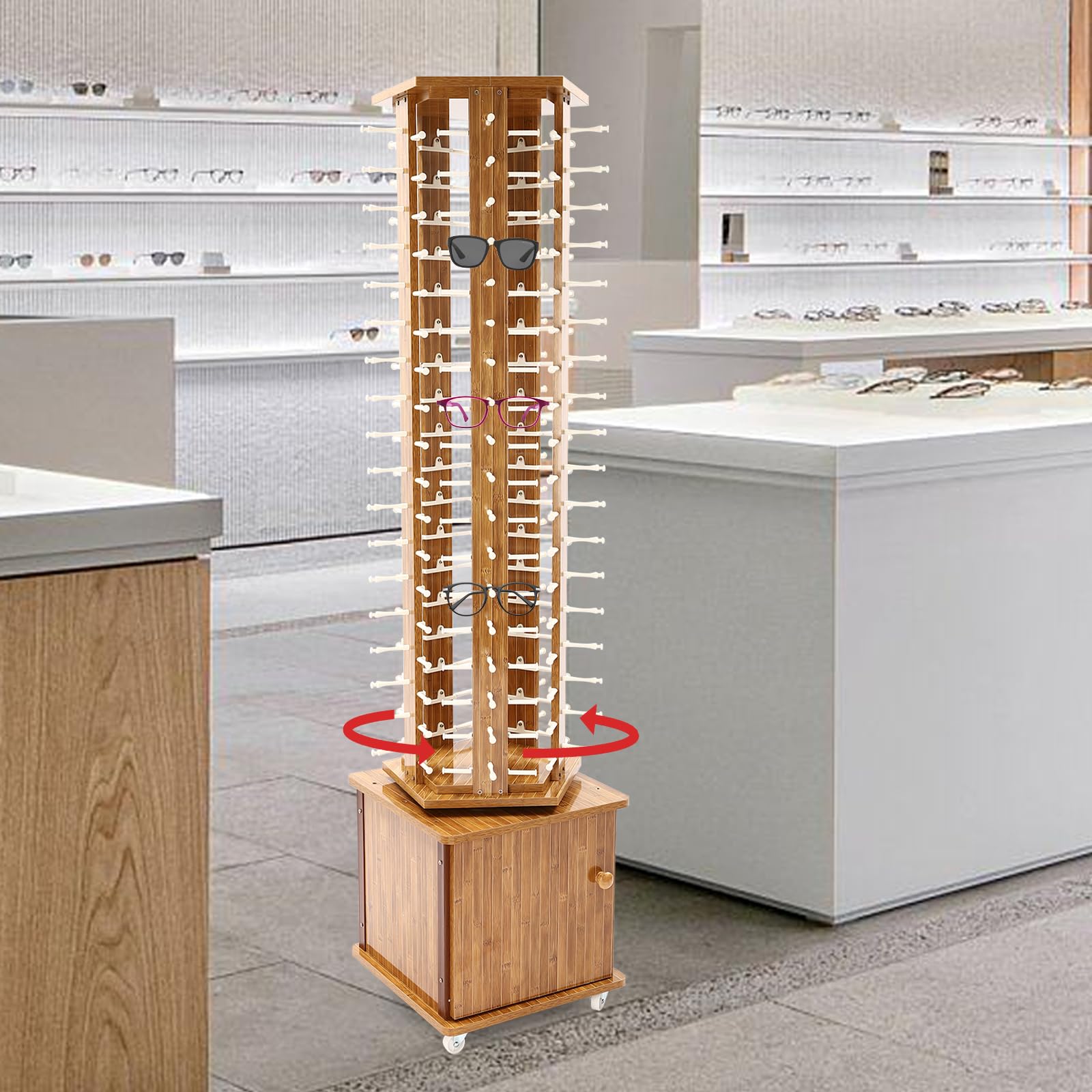 360° Rotating Sunglasses Display Stand - 5-Sided Eyeglass Organizer with Wheels & Cabinet, Holds 90 Pairs - Perfect for Retail Stores, Optical Shops & Boutique Displays