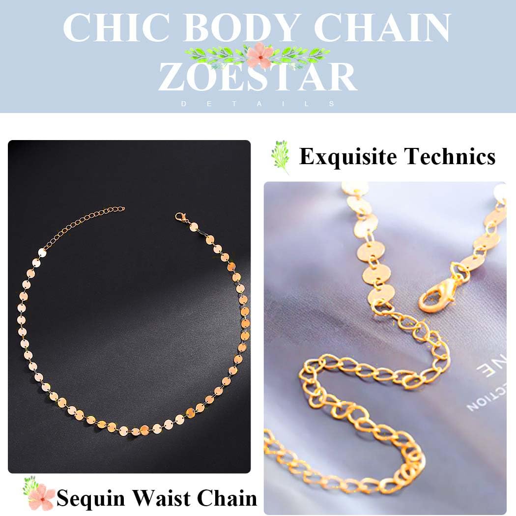 Zoestar Sequin Bikini Body Chain - Gold Waist Jewelry for Women | Beach Party Accessory, Festival Wear, Swimwear Decoration, Summer Vacation Outfit Enhancer
