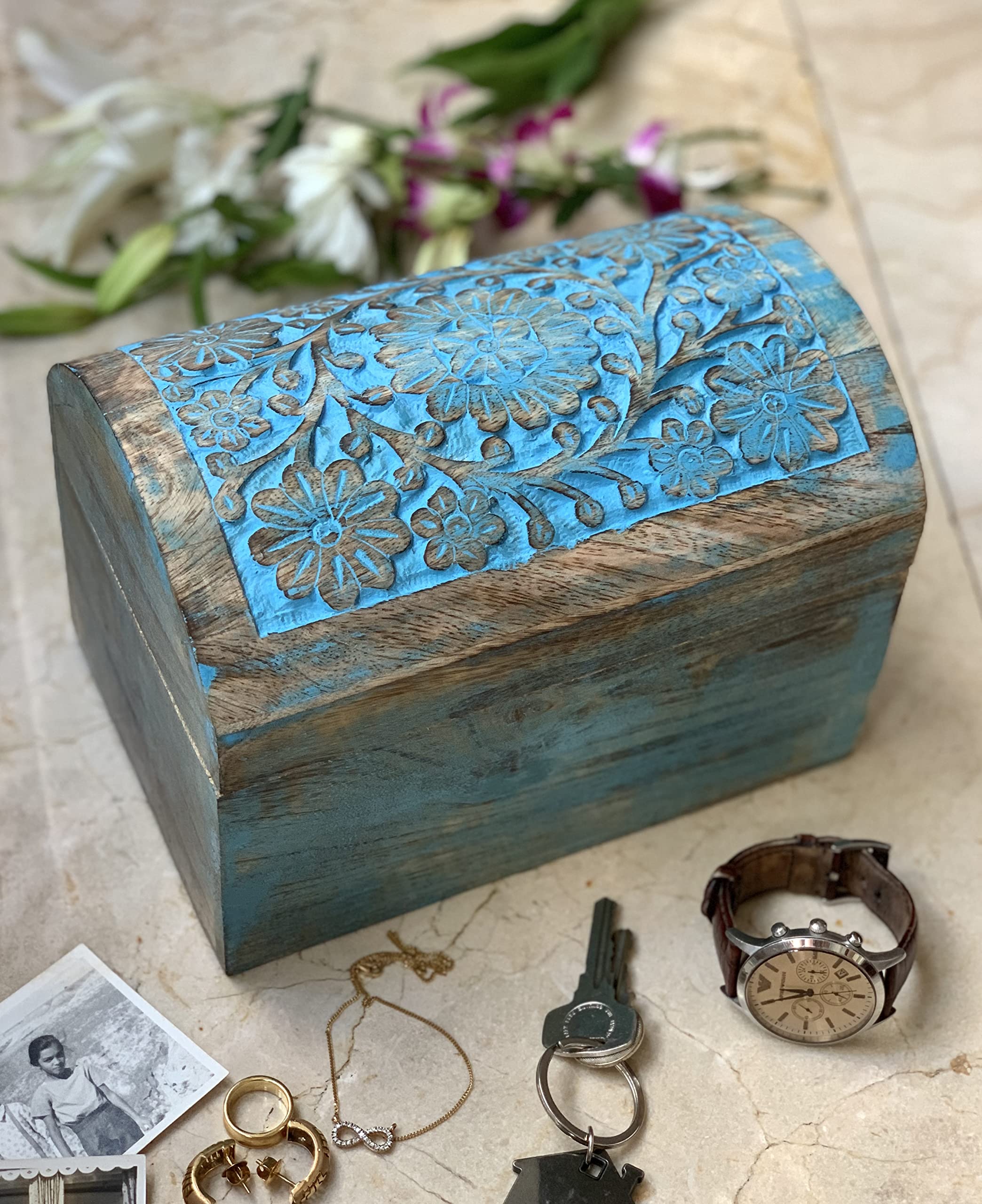 Handmade Wooden Jewelry Box with Lock - 9x6 Inch Blue Decorative Treasure Chest for Rings, Necklaces & Watches | Perfect Birthday Gift, Jewelry Organizer & Keepsake Box for Women - Home Decor, Wedding Gift & Travel Storage