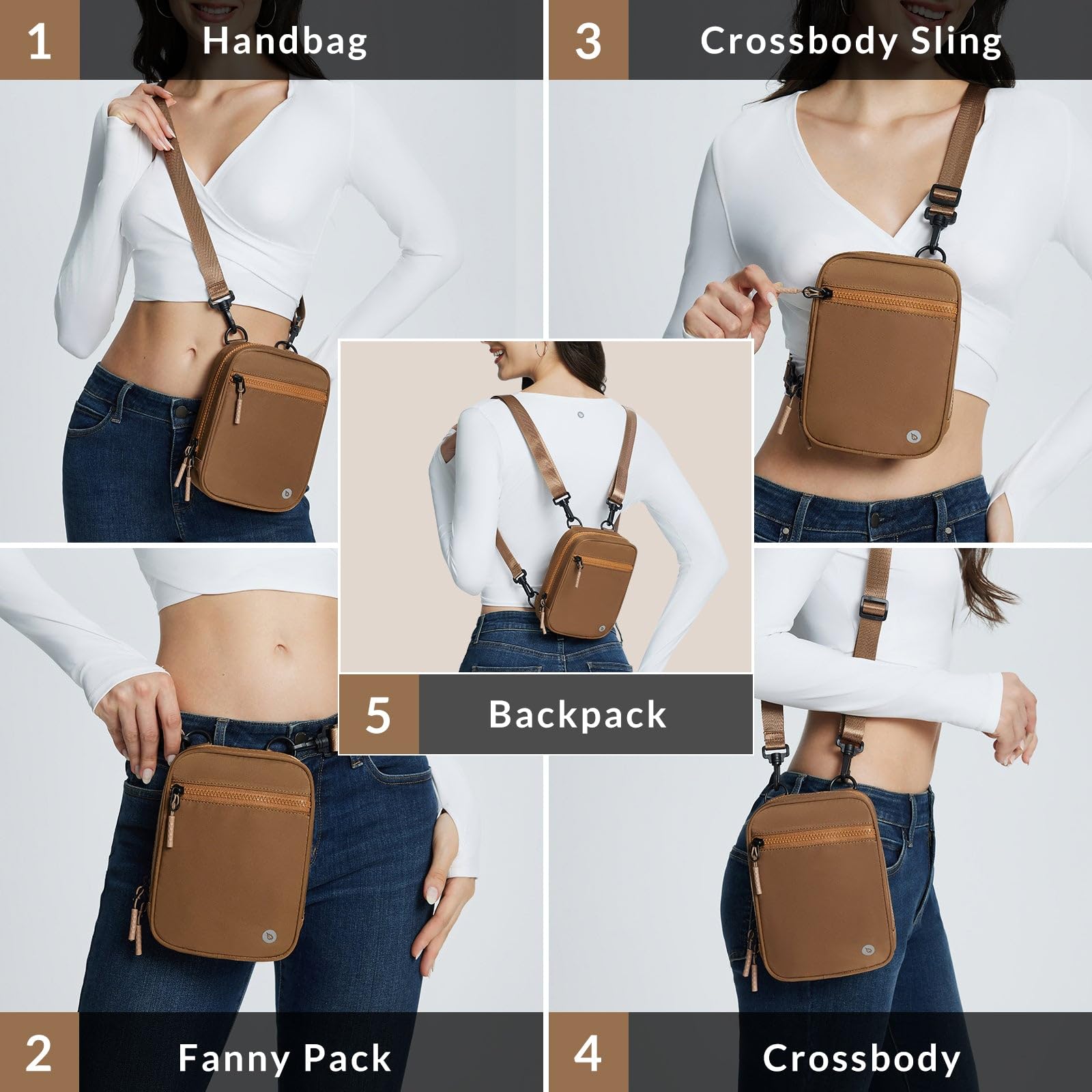 BALEAF Women's Small Crossbody Bag 1.5L - Roasted Brown Sling Purse, Travel Fanny Pack & Belt Bag for Everyday Use, Work, Gym, and Outdoor Activities