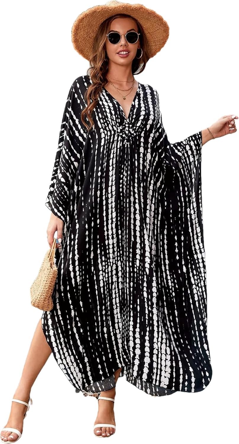 RanRui Women's Plus Size Floral Kaftan Dress with Wave Neckline - Boho Beach Cover Up, Poolside Lounge & Summer Vacation Outfit