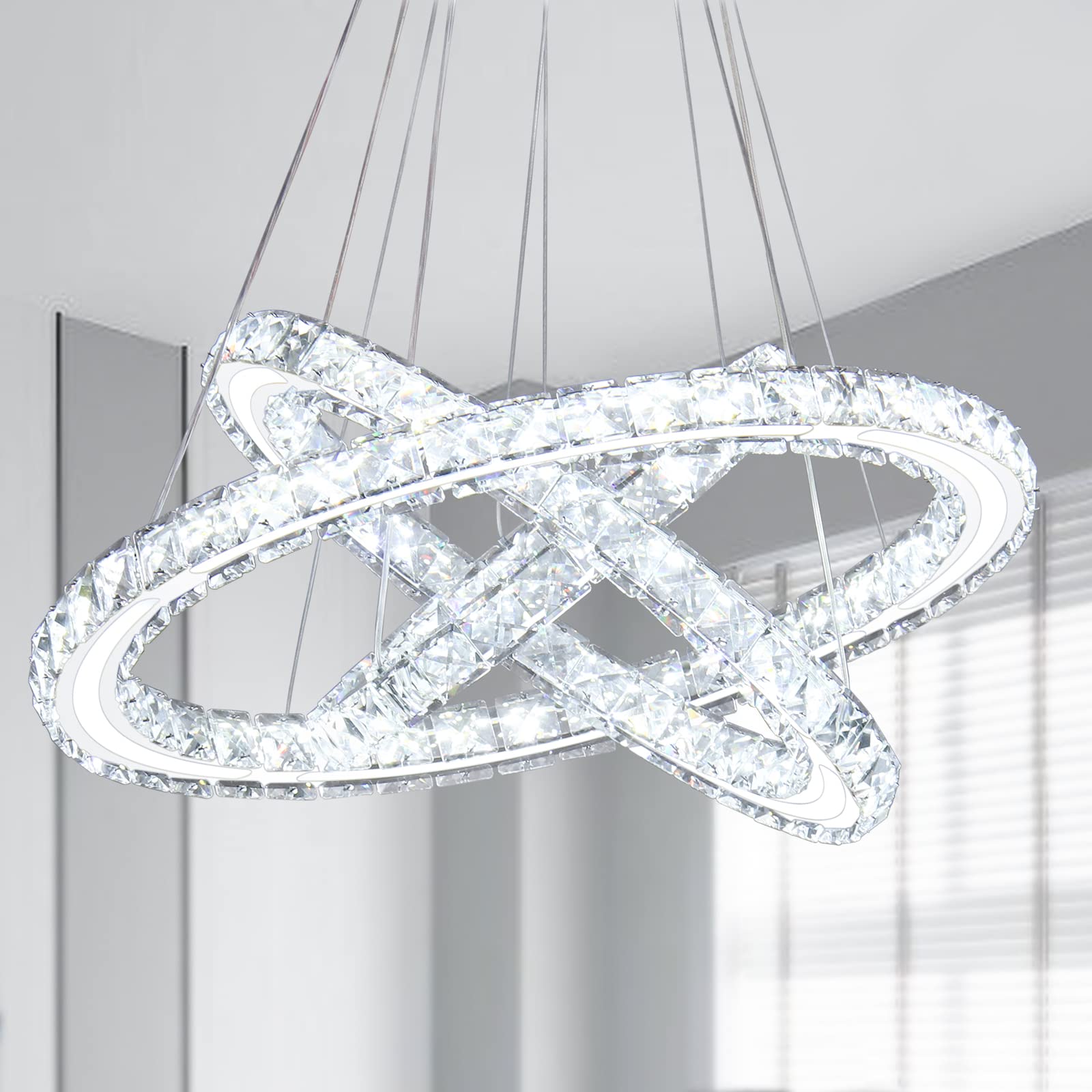 Modern LED Crystal Chandelier - 3 Ring Adjustable Ceiling Light Fixture with Cool White LEDs for Living Room, Dining Room, Bedroom & Hallway | Elegant Home Lighting for Parties, Weddings & Interior Decor
